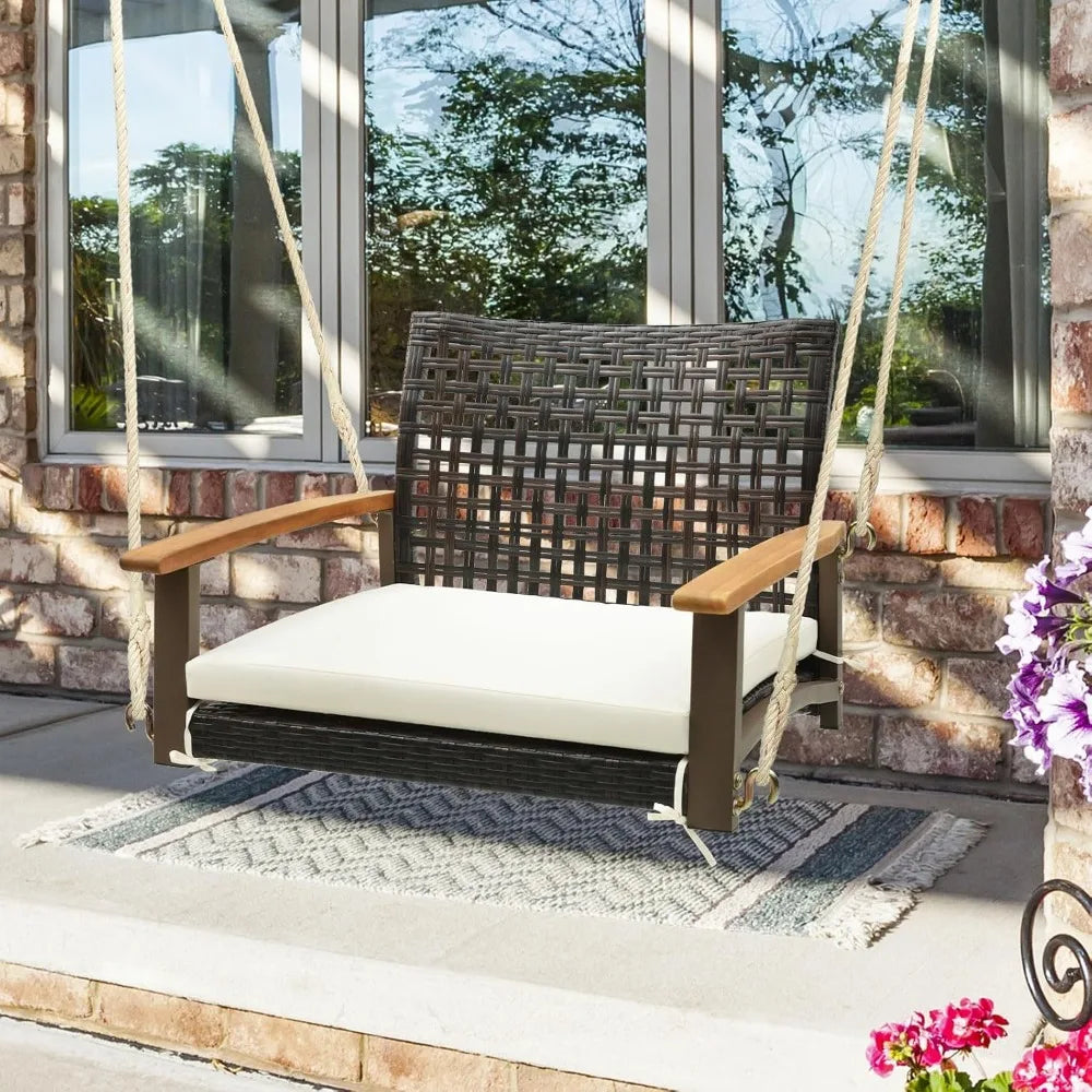 Rattan Porch Swing Chair With Cushion Acacia Wood Armrests Metal Frame Outdoor
