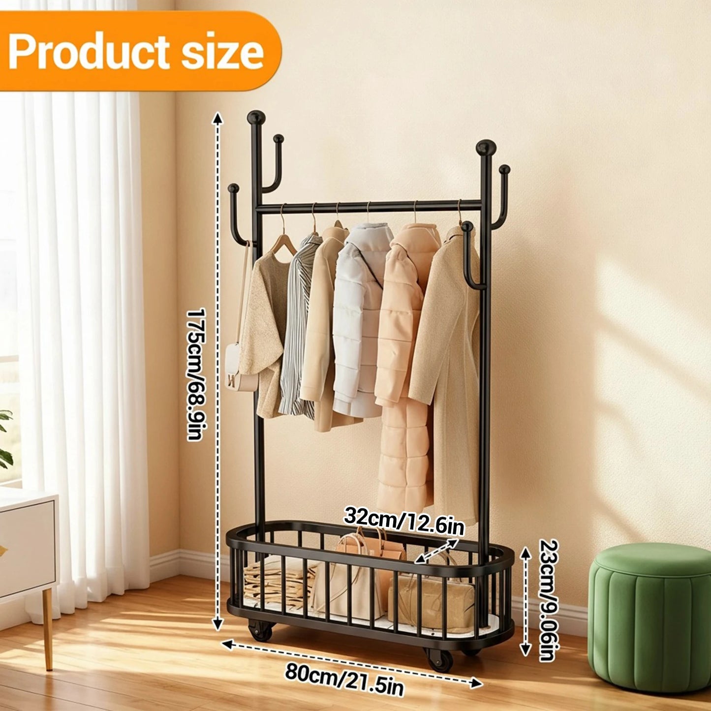 TWISTER.CK Movable Clothes Rack With Storage Basket For Coats