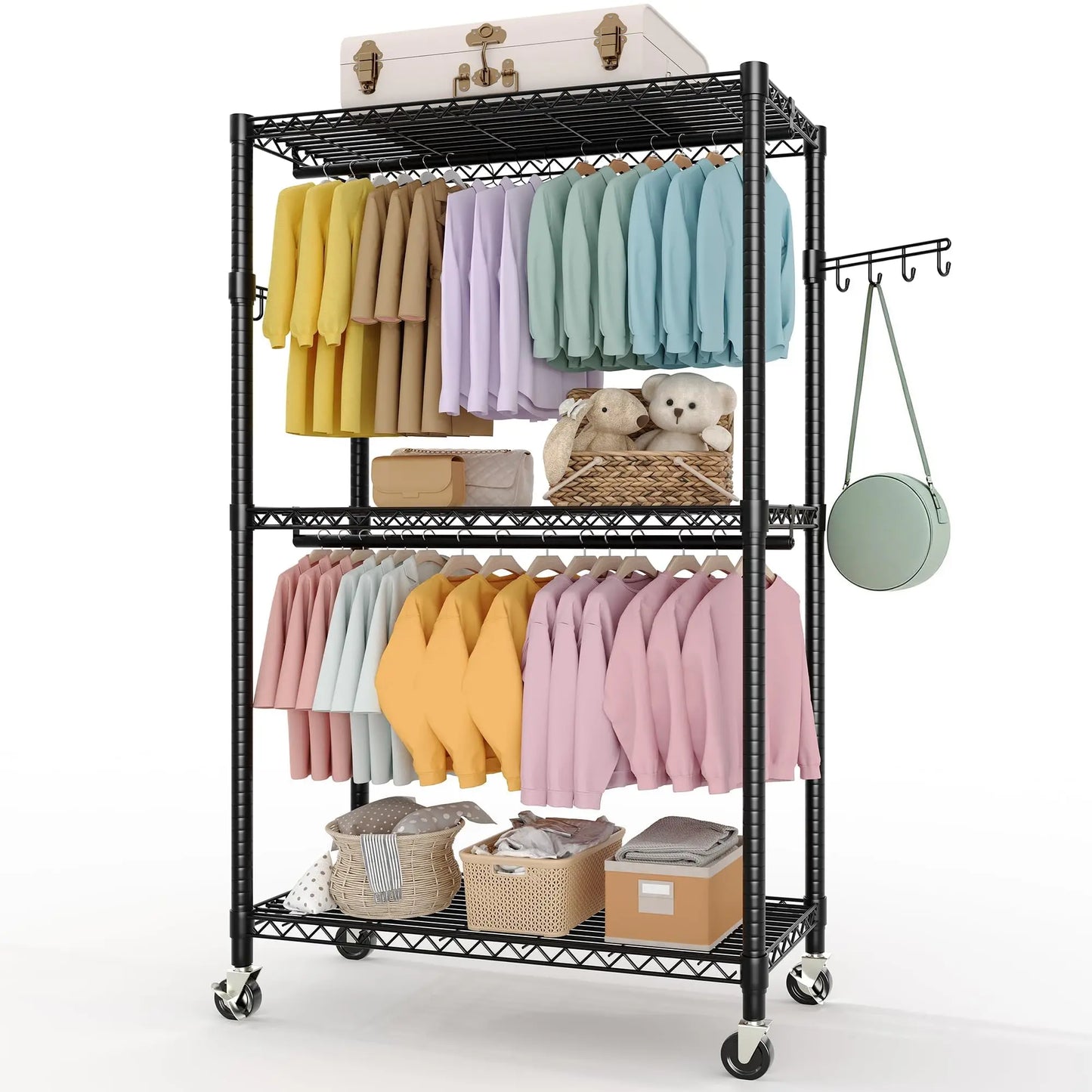 HiMISS 3 Tier Rolling Garment Rack Dual Rods With Wheels