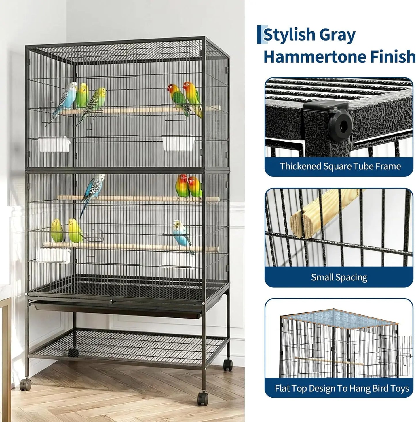HiMISS Bird Cage With Rolling Storage Stands And Feed Bowls