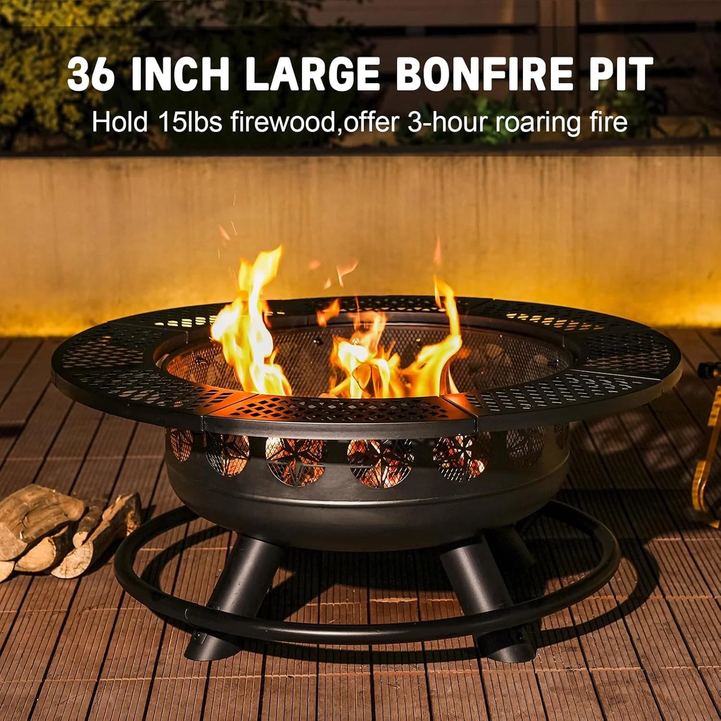 3 In 1 Outdoor Wood Burning Fire Pit With Grills And Lid For Backyard Barbecue