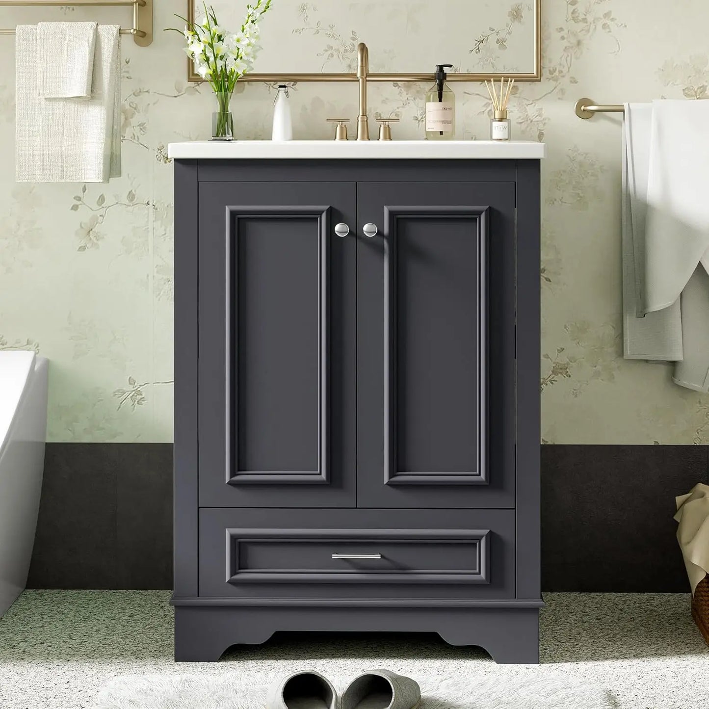 Wood Bathroom Vanity Cabinet With Ceramic Sink And Adjustable Shelf