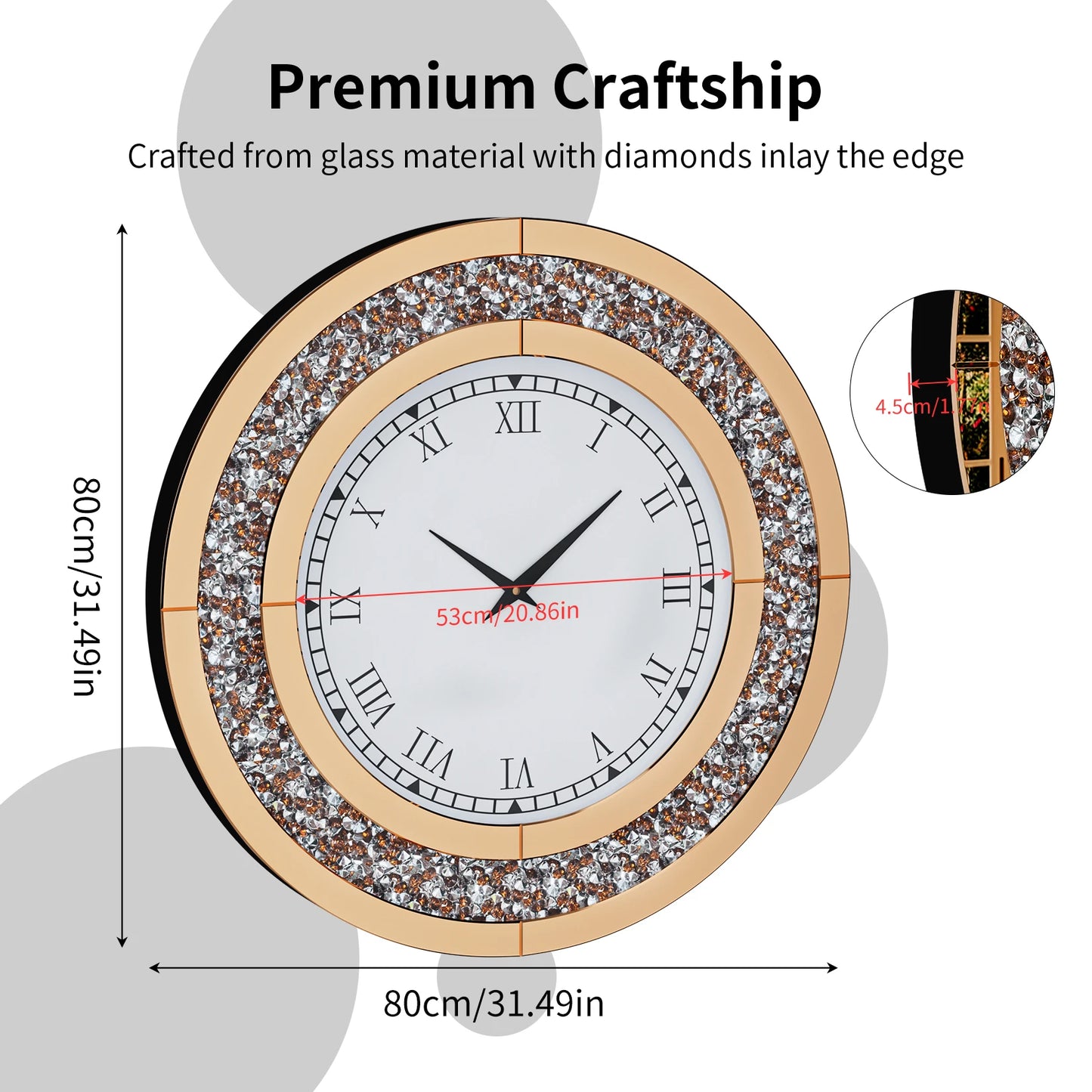 Round Mirror Clock With Crystal Sparkle Mirrored Wall Decoration