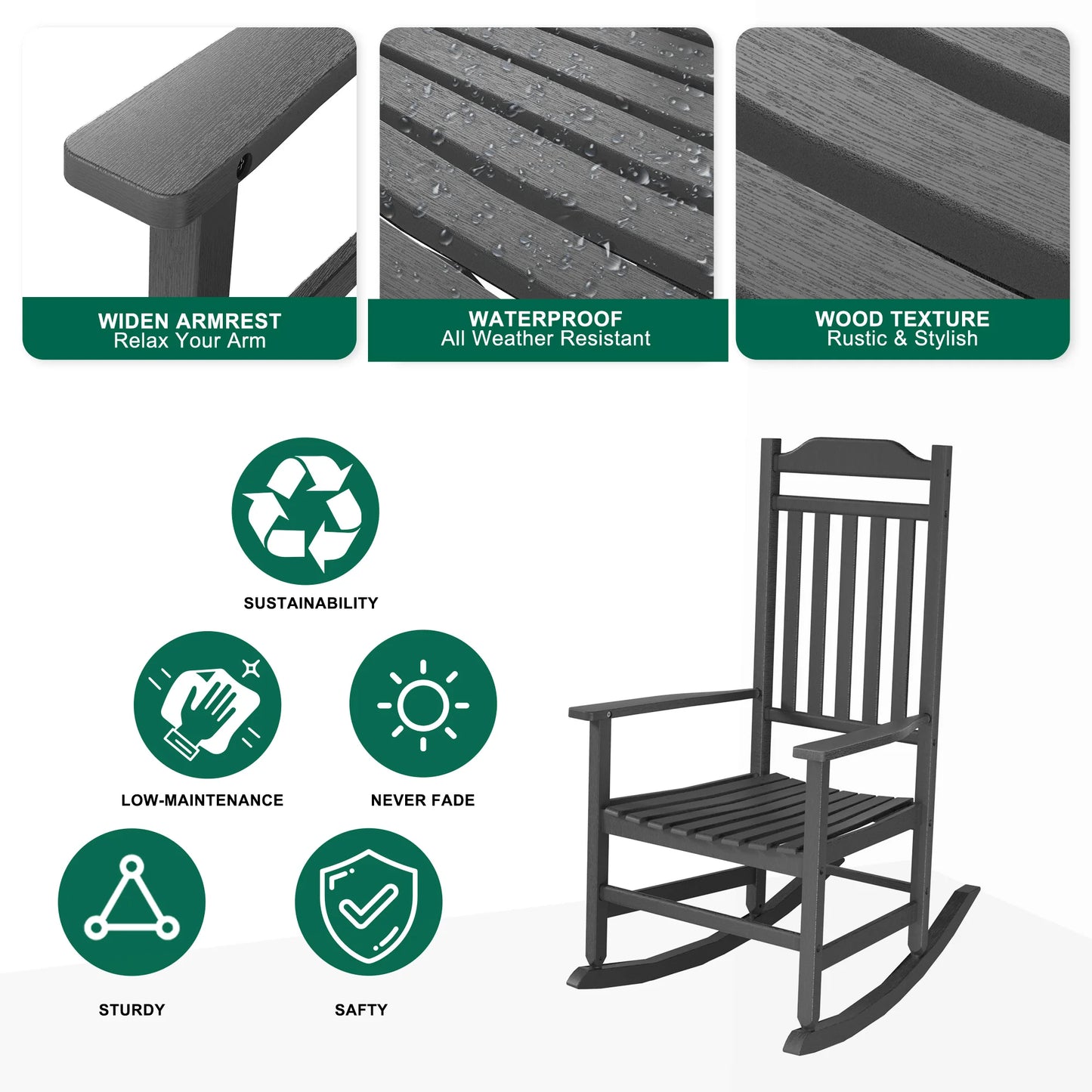 Weatherproof Resin Porch Rocking Chair Wood Grain Outdoor Rocker