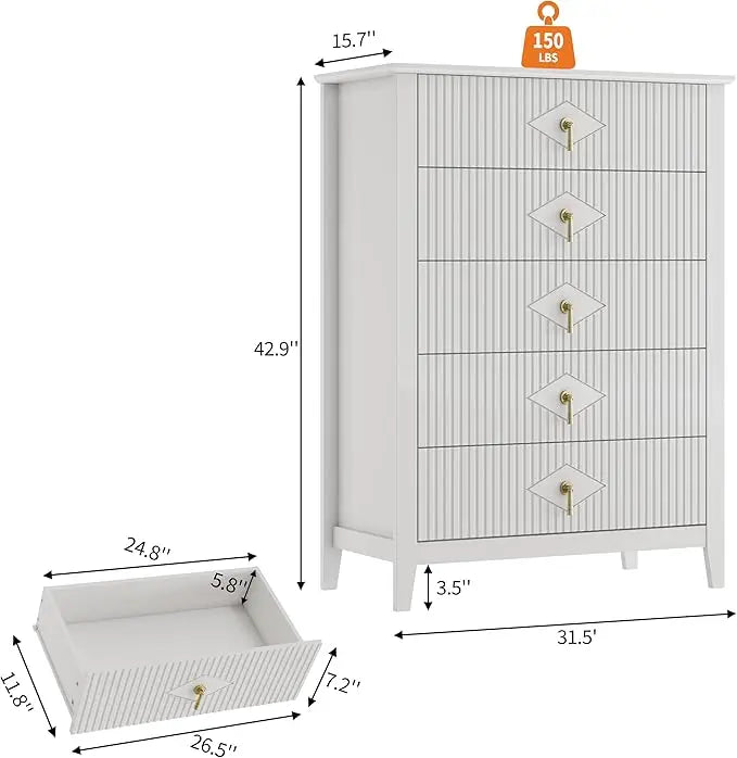 HiMISS Fluted Five Drawer Dresser Modern Wood Chest