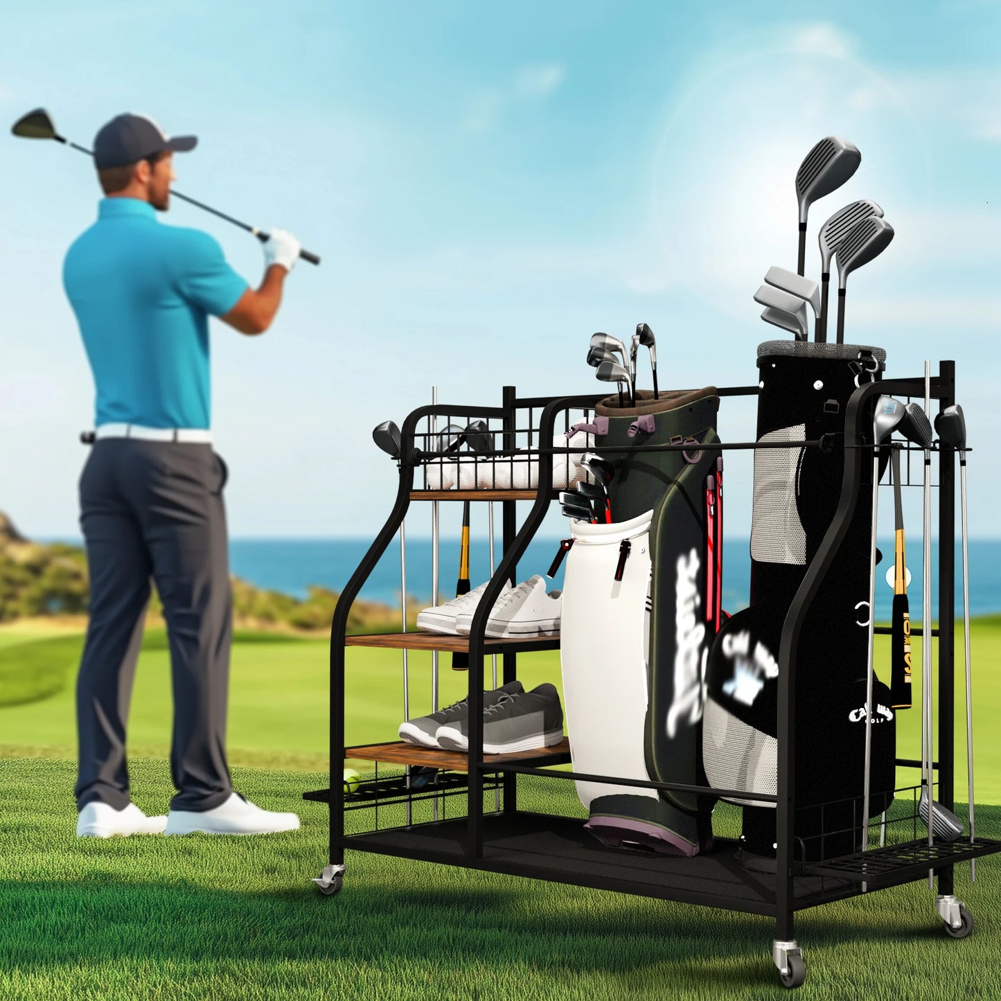 Metal Rolling Golf Bags Storage Rack With Wheels Organizer