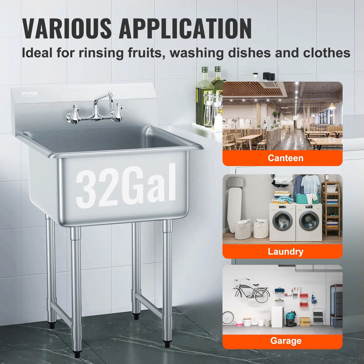 Stainless Steel Kitchen Prep And Utility Sink With Faucet For Restaurant