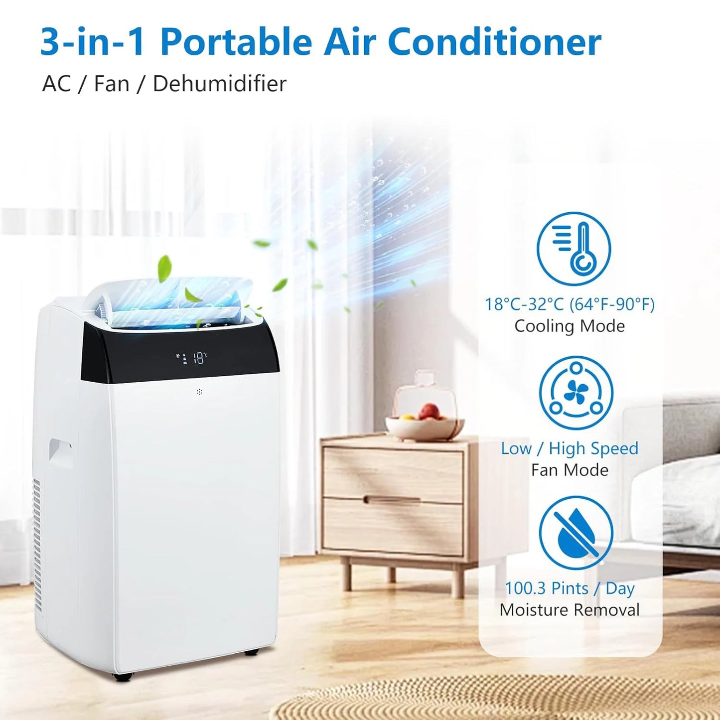 Adoolla 14000 BTU Portable Air Conditioner 3 In 1 Dehumidifier With Remote