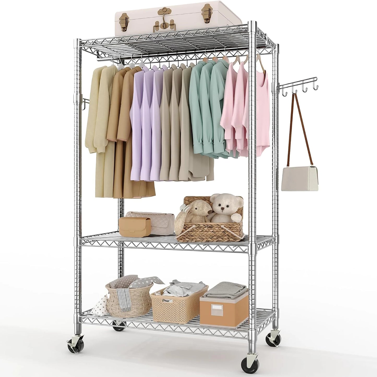 HiMISS 3 Tier Rolling Garment Rack Dual Rods With Wheels