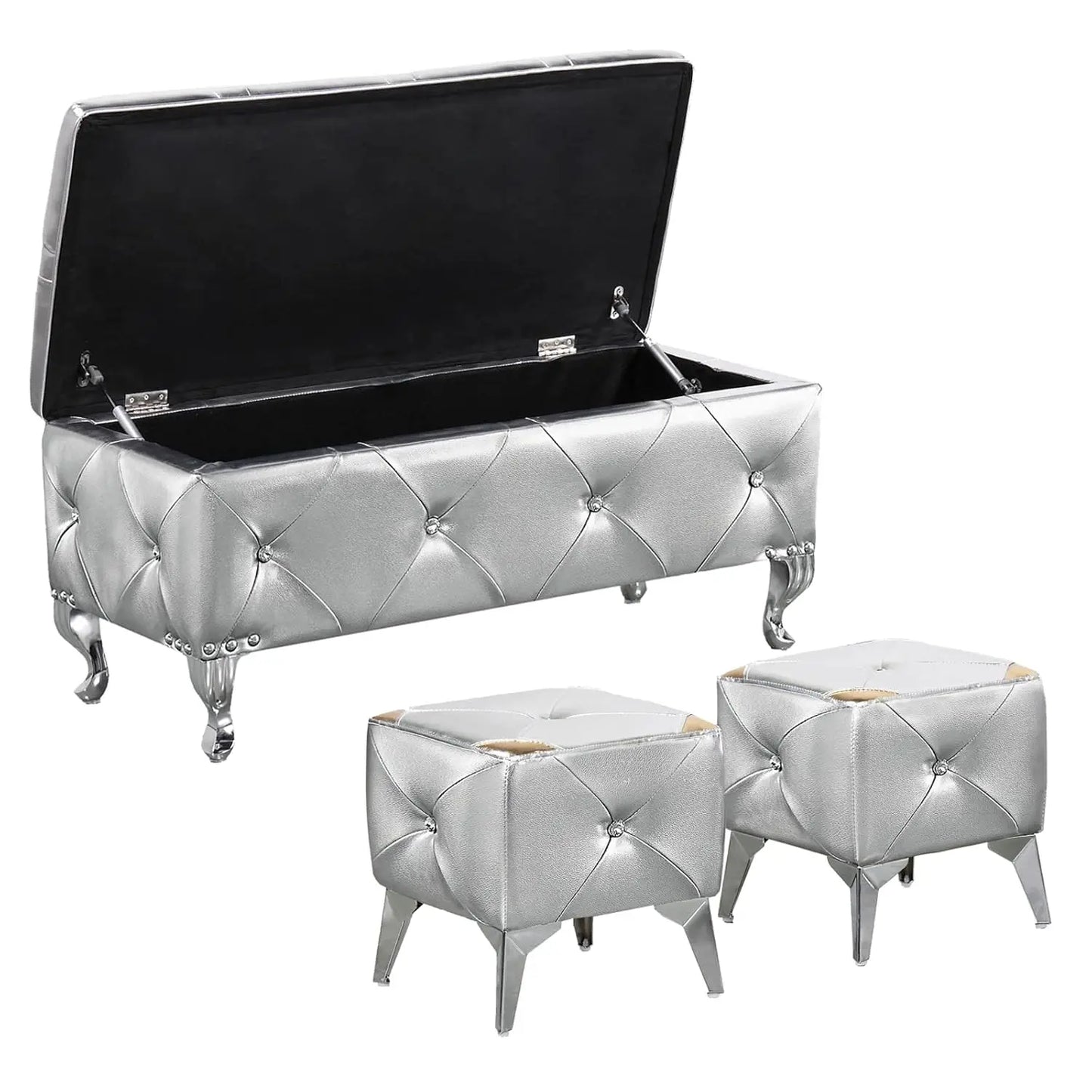 Velvet Storage Ottoman Bench Set With Two Ottomans