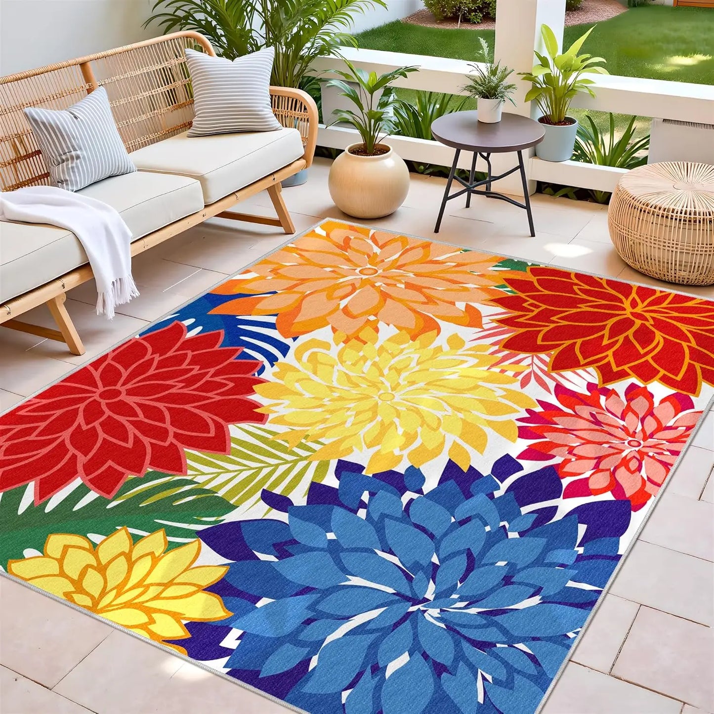 Outdoor Washable Rug With Floral Pattern Non Slip Backing