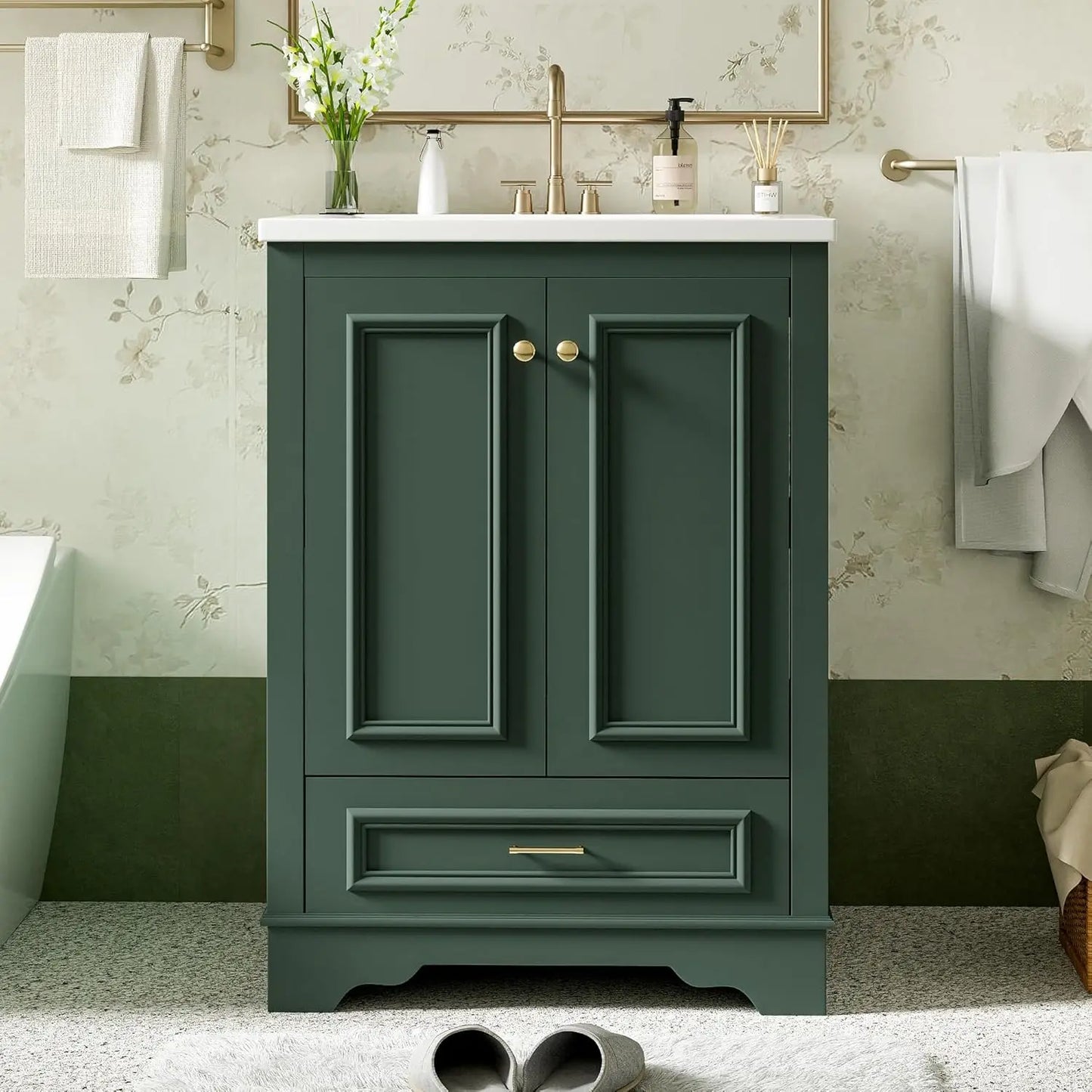 Wood Bathroom Vanity Cabinet With Ceramic Sink And Adjustable Shelf