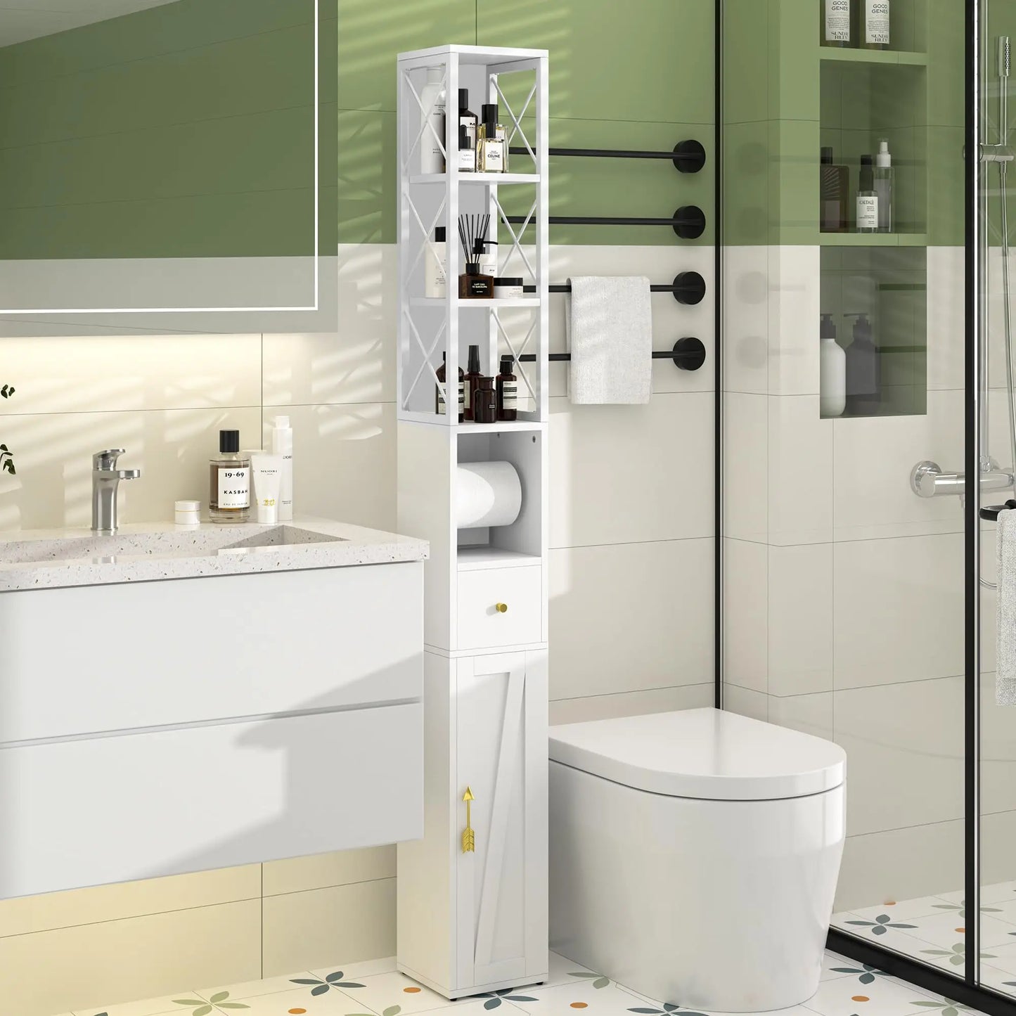 XIUWO Narrow Bathroom Storage Cabinet With Toilet Paper Holder