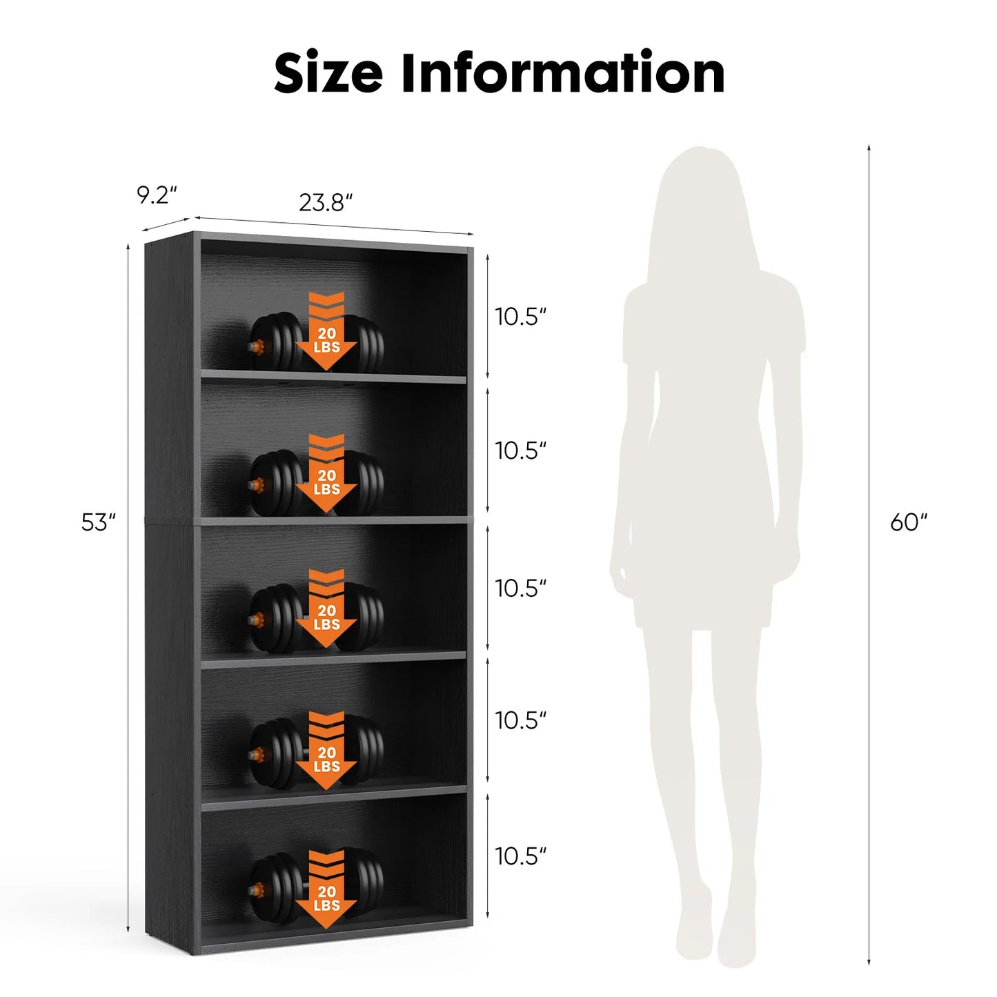 JHK 6-Tier Wooden Bookshelf Floor Standing For Living Room