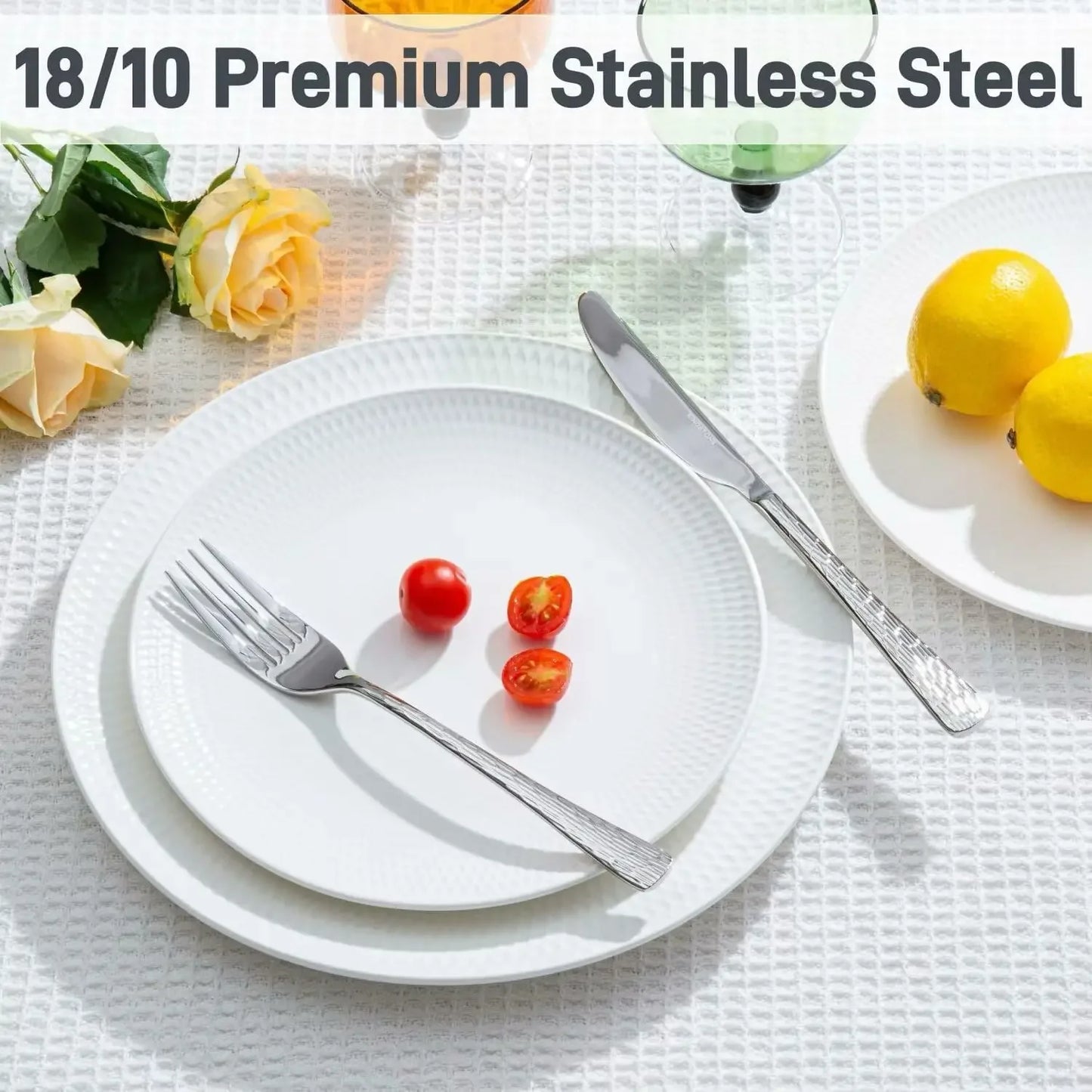 Hammered Silverware Set 18/10 Stainless Steel With Ripple Handles