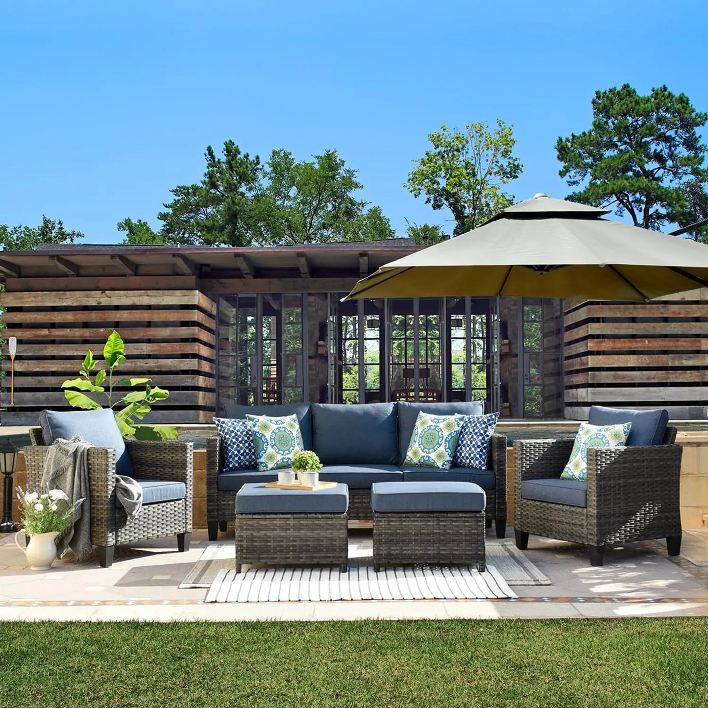XIAOLANG Outdoor Patio Furniture Set Wicker Rattan Sofa Ottomans