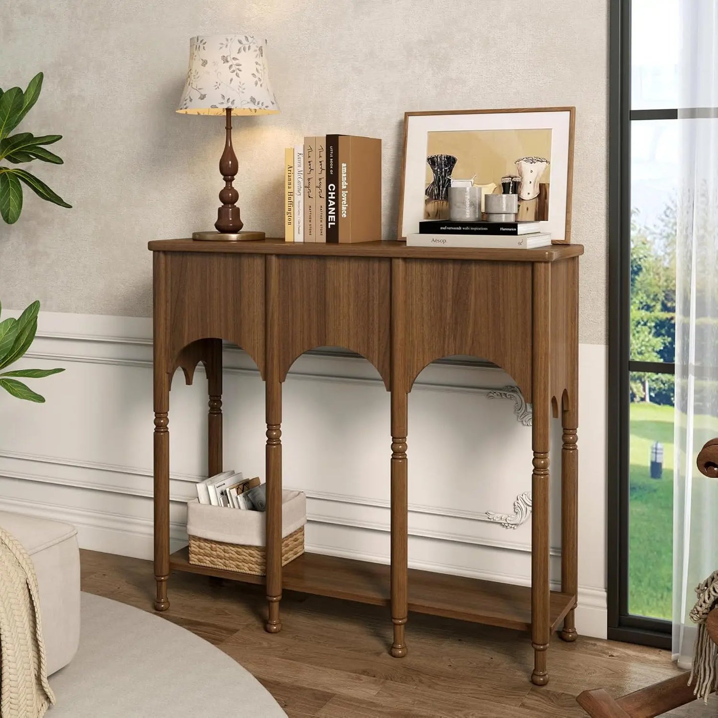 Wooden Console Table With Storage Shelf And Roman Legs