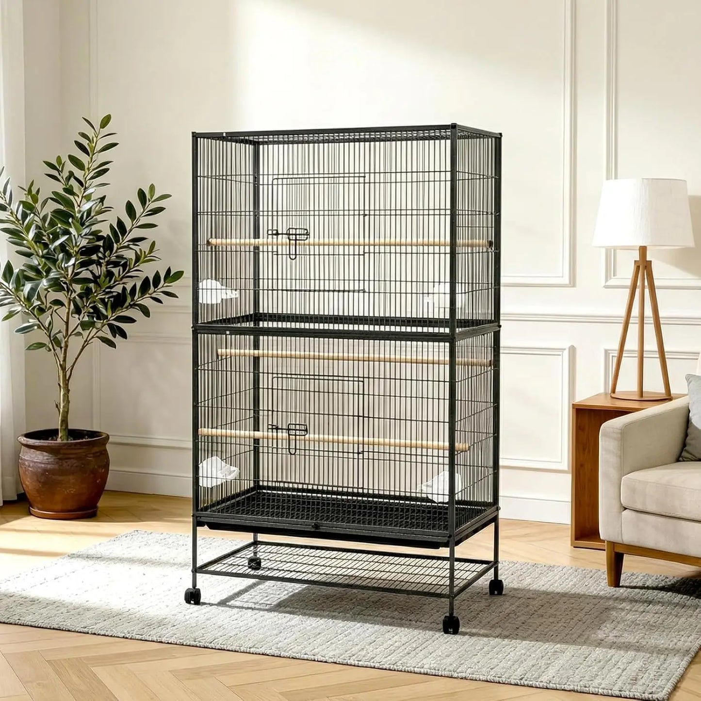 HiMISS Bird Cage With Rolling Storage Stands And Feed Bowls