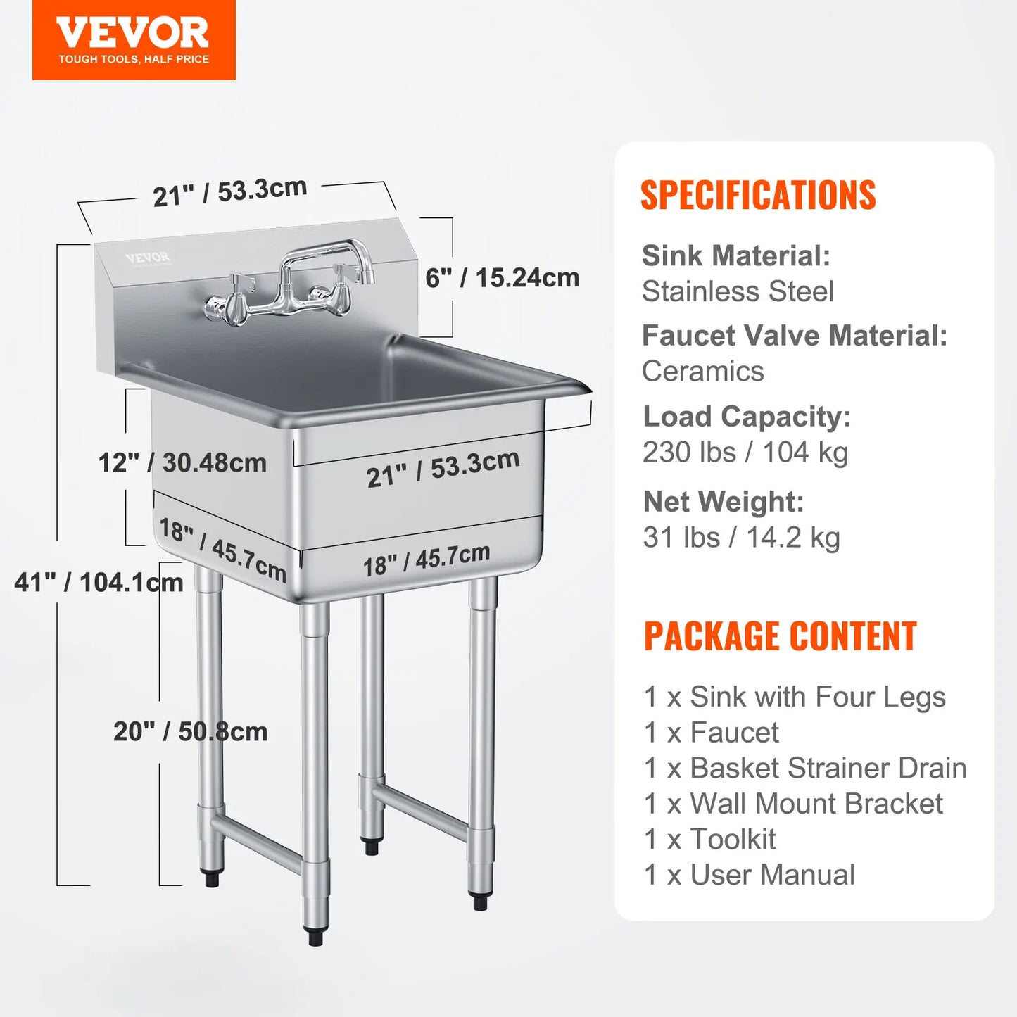 Stainless Steel Kitchen Prep And Utility Sink With Faucet For Restaurant