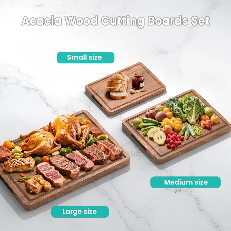Bamboo Cutting Board Set 3 Piece With Juice Groove Handles