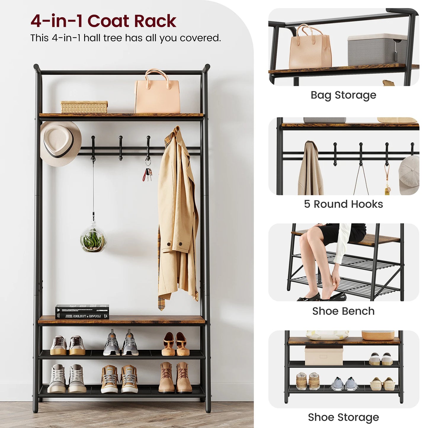 TWISTER.CK 4-In-1 Coat Rack Shoe Bench Hall Tree With Storage
