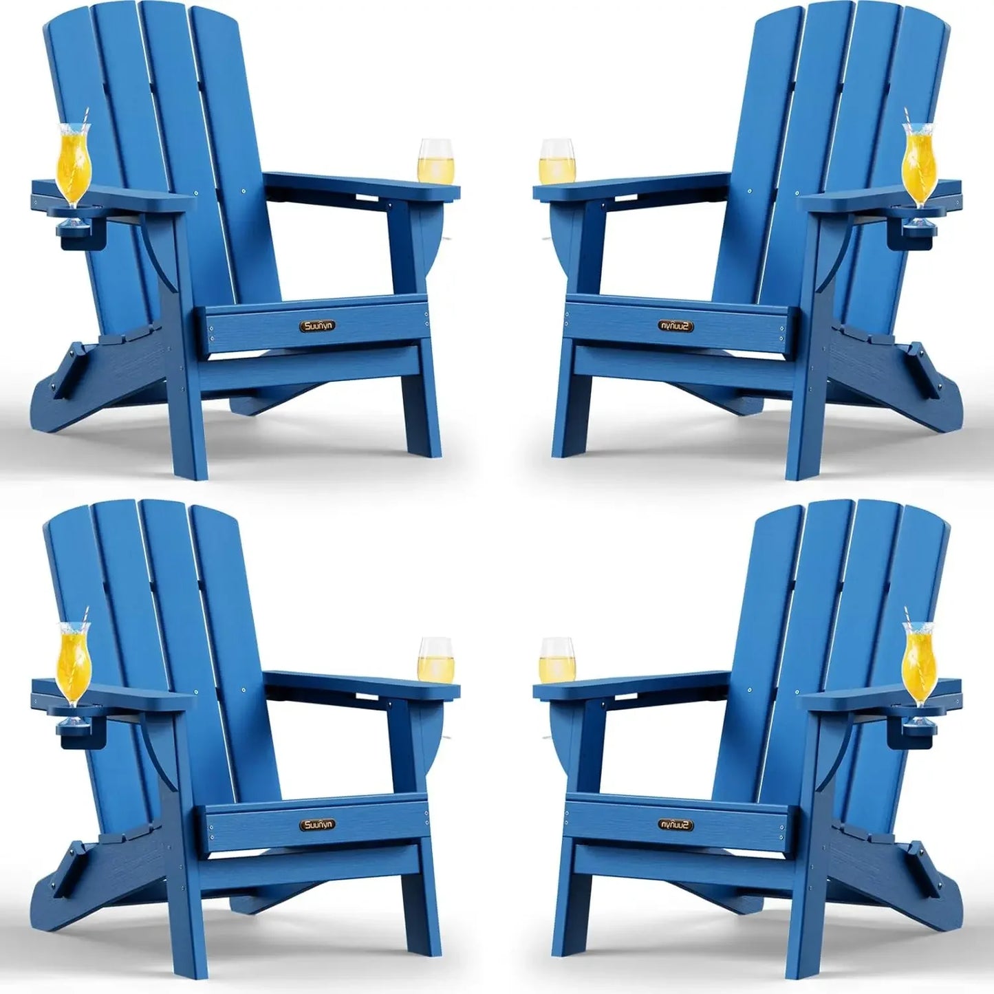 Folding Adirondack Chairs 4 Pack All Weather HDPE With Cupholders