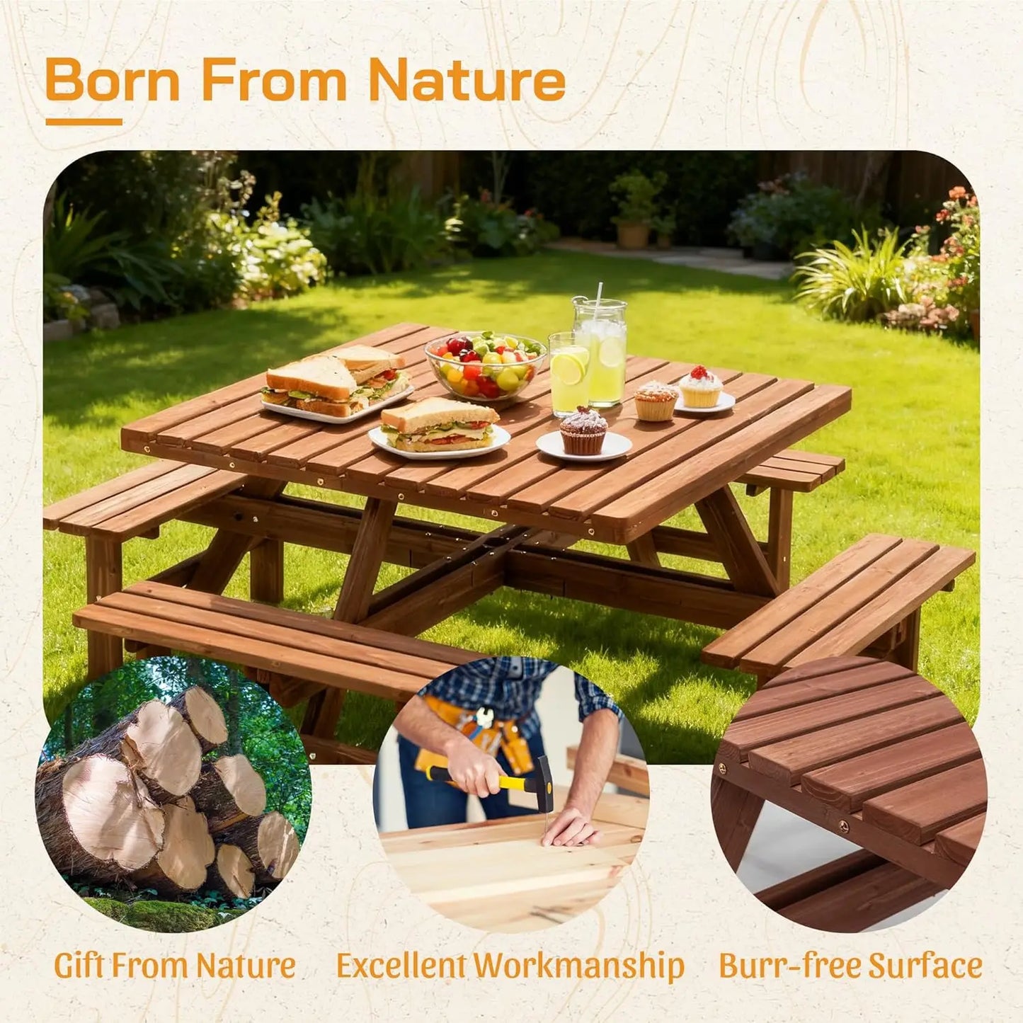 Wood Picnic Table Bench Set For Outdoor Patio Dining