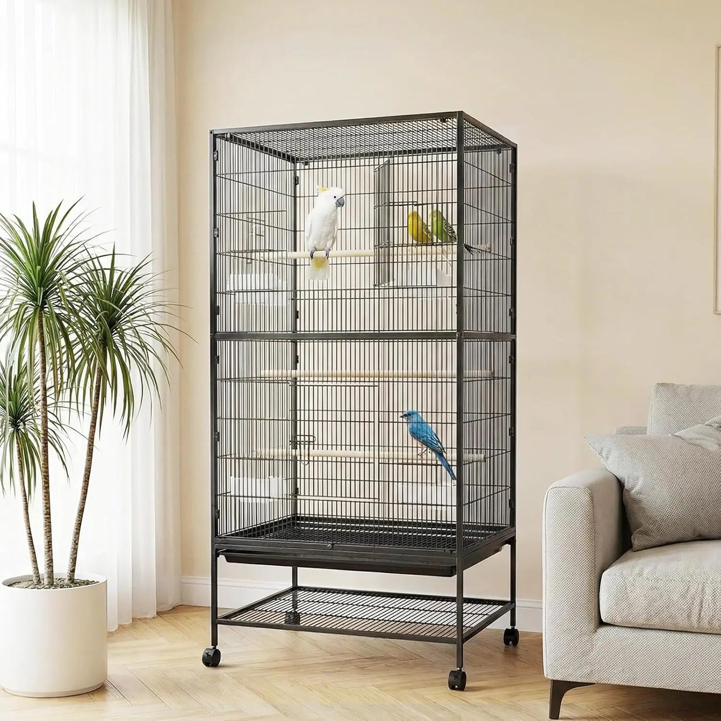 HiMISS Bird Cage With Rolling Storage Stands And Feed Bowls