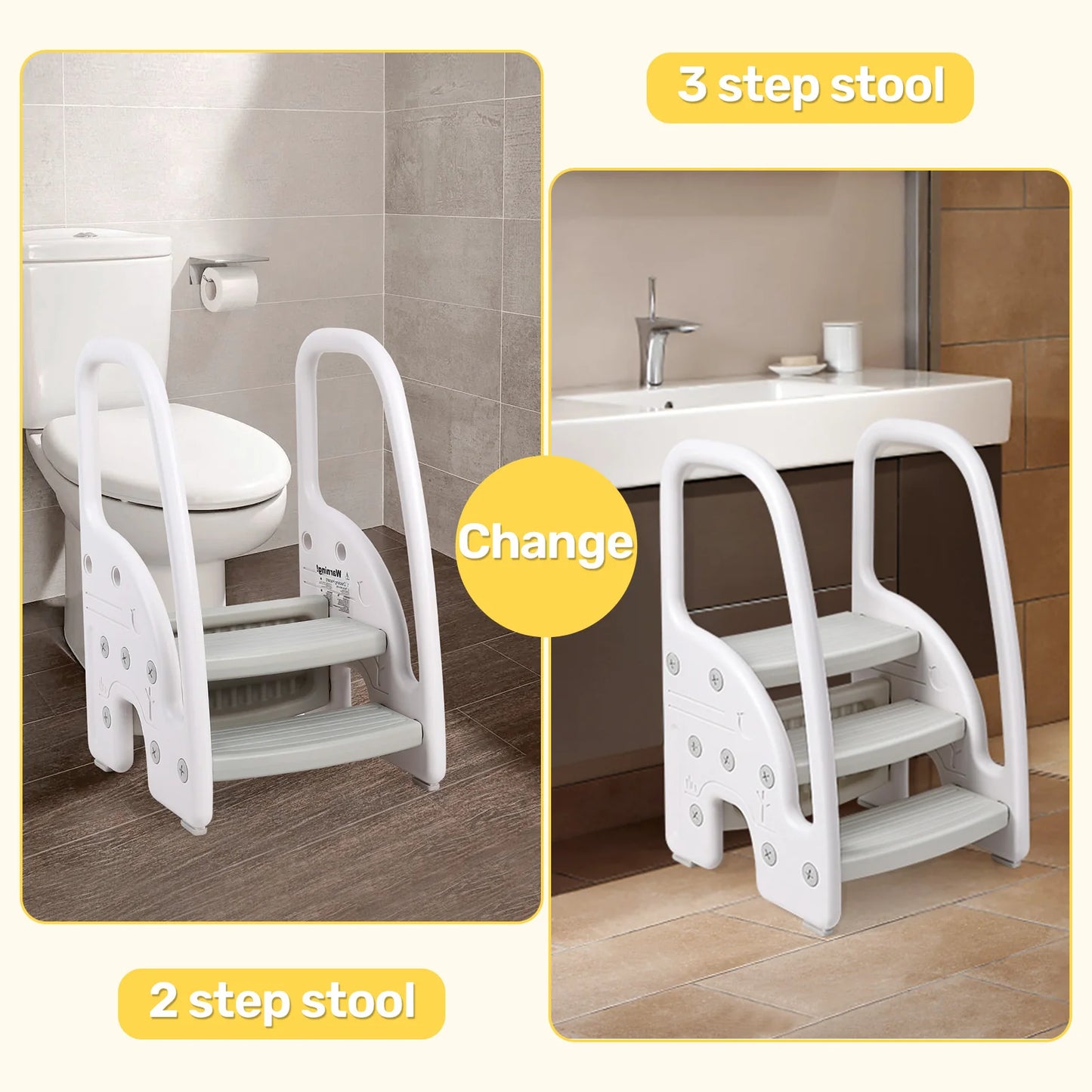 Toddler Step Stool With Handles, 3-Tier Plastic For Bathroom Kitchen