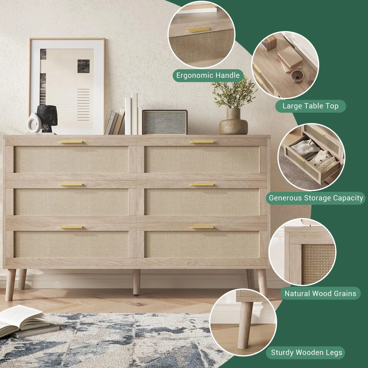 HiMISS Mid Century Modern 6 Drawer Dresser With Gold Handles