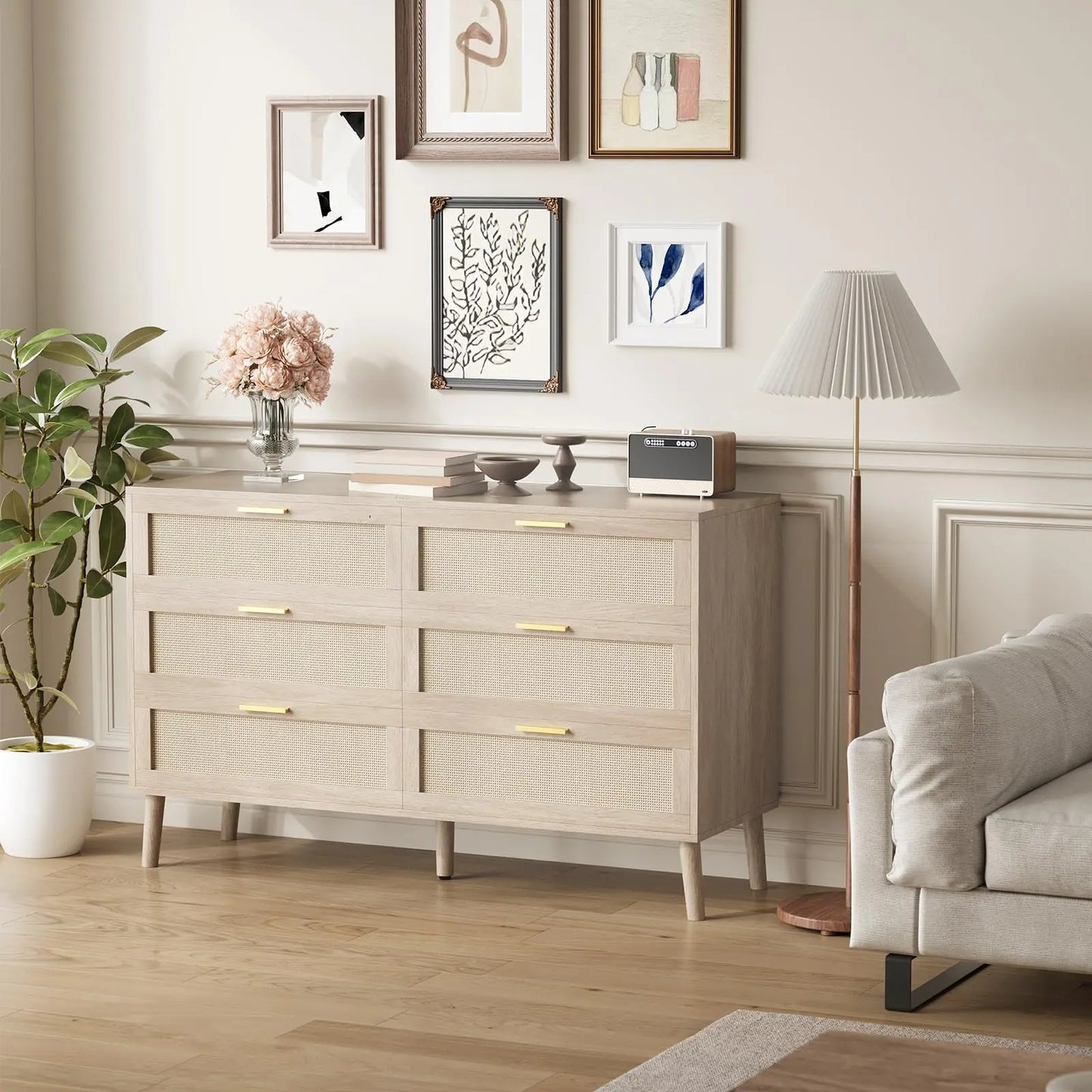 HiMISS Mid Century Modern 6 Drawer Dresser With Gold Handles