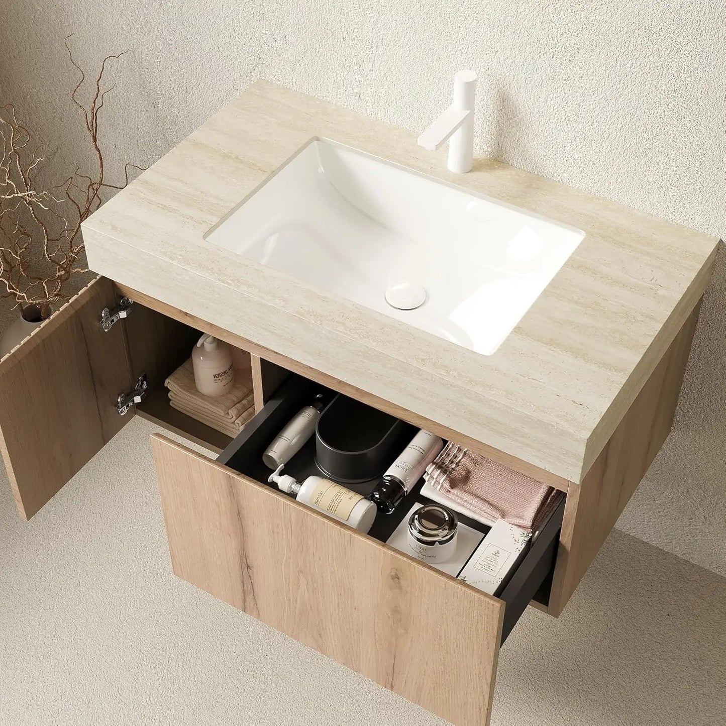 Wall Mounted Bathroom Vanity With Ceramic Basin And Travertine Countertop
