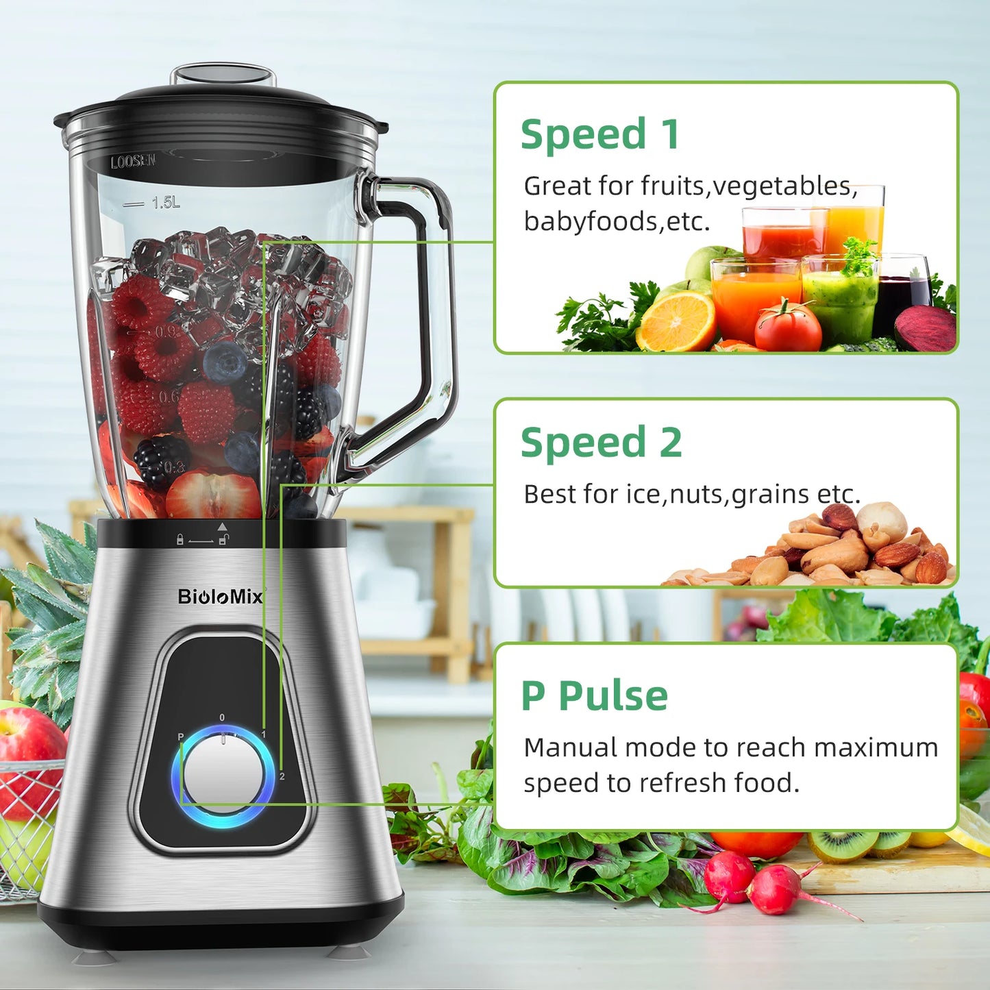 Biolomix 1300W Blender With 1.5L Glass Jar For Frozen Drinks