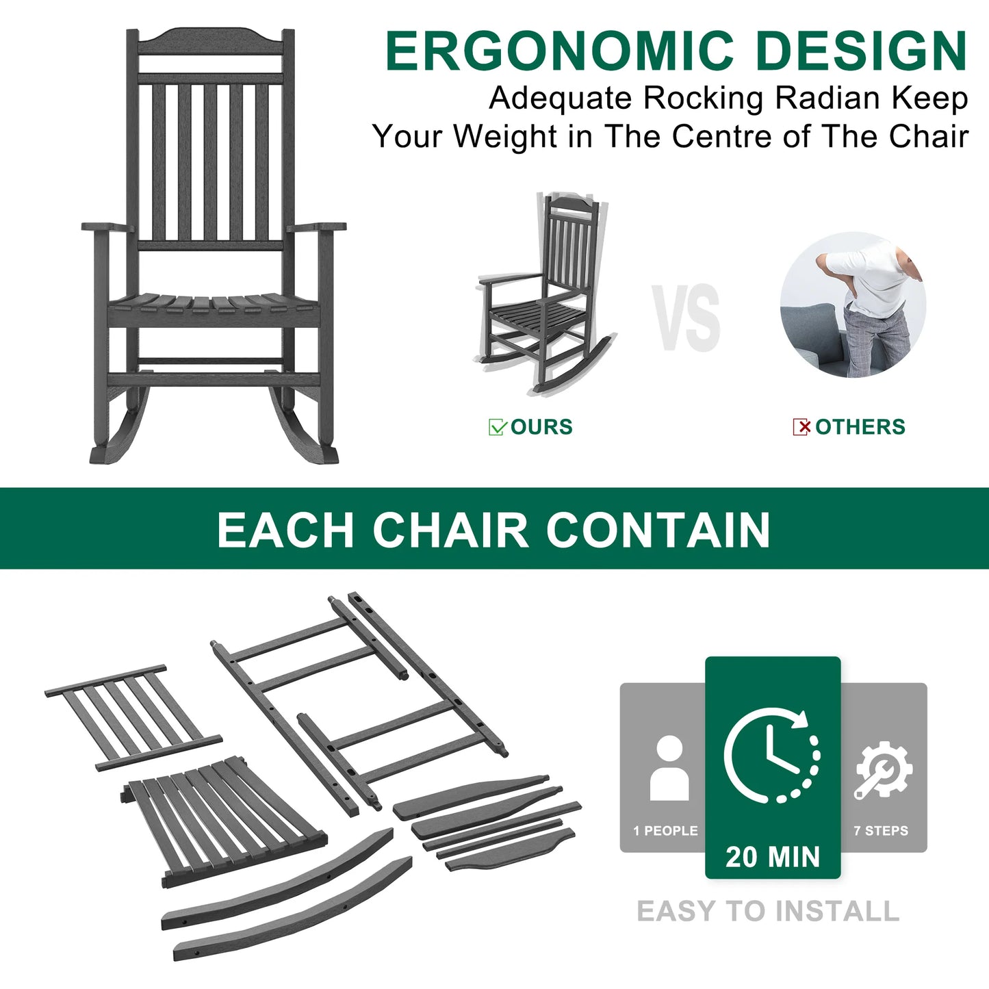 Weatherproof Resin Porch Rocking Chair Wood Grain Outdoor Rocker
