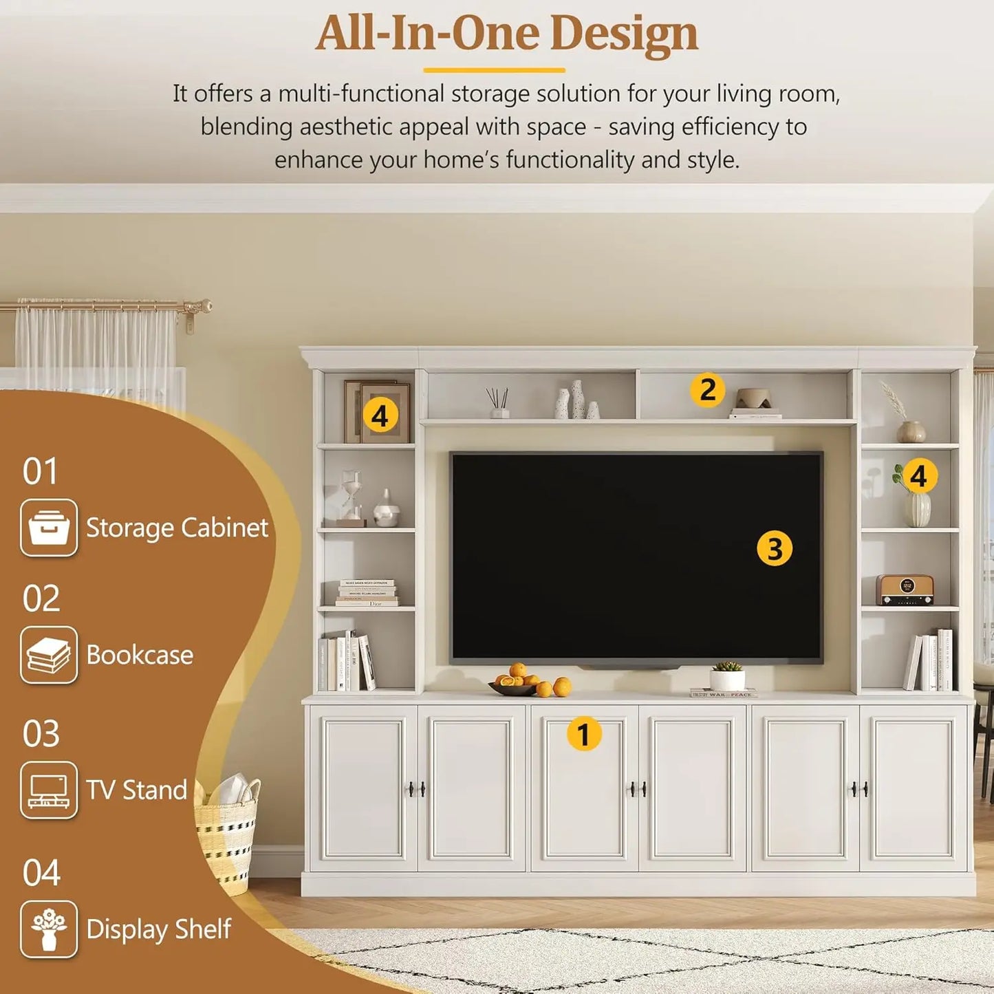 Modern 4 Piece Entertainment Center Wall Unit TV Stand Bookshelves