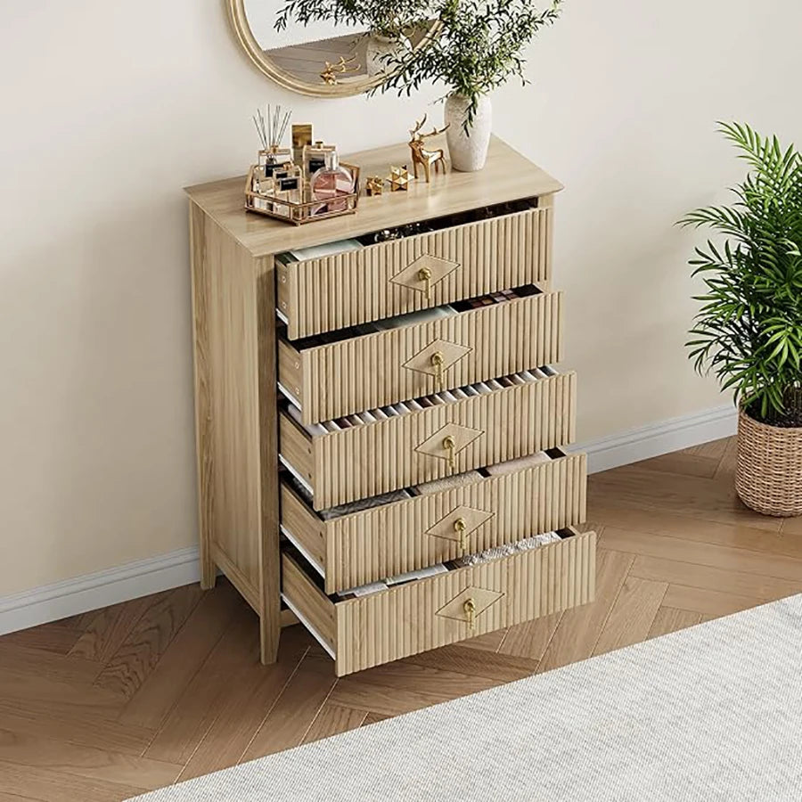 HiMISS Fluted Five Drawer Dresser Modern Wood Chest