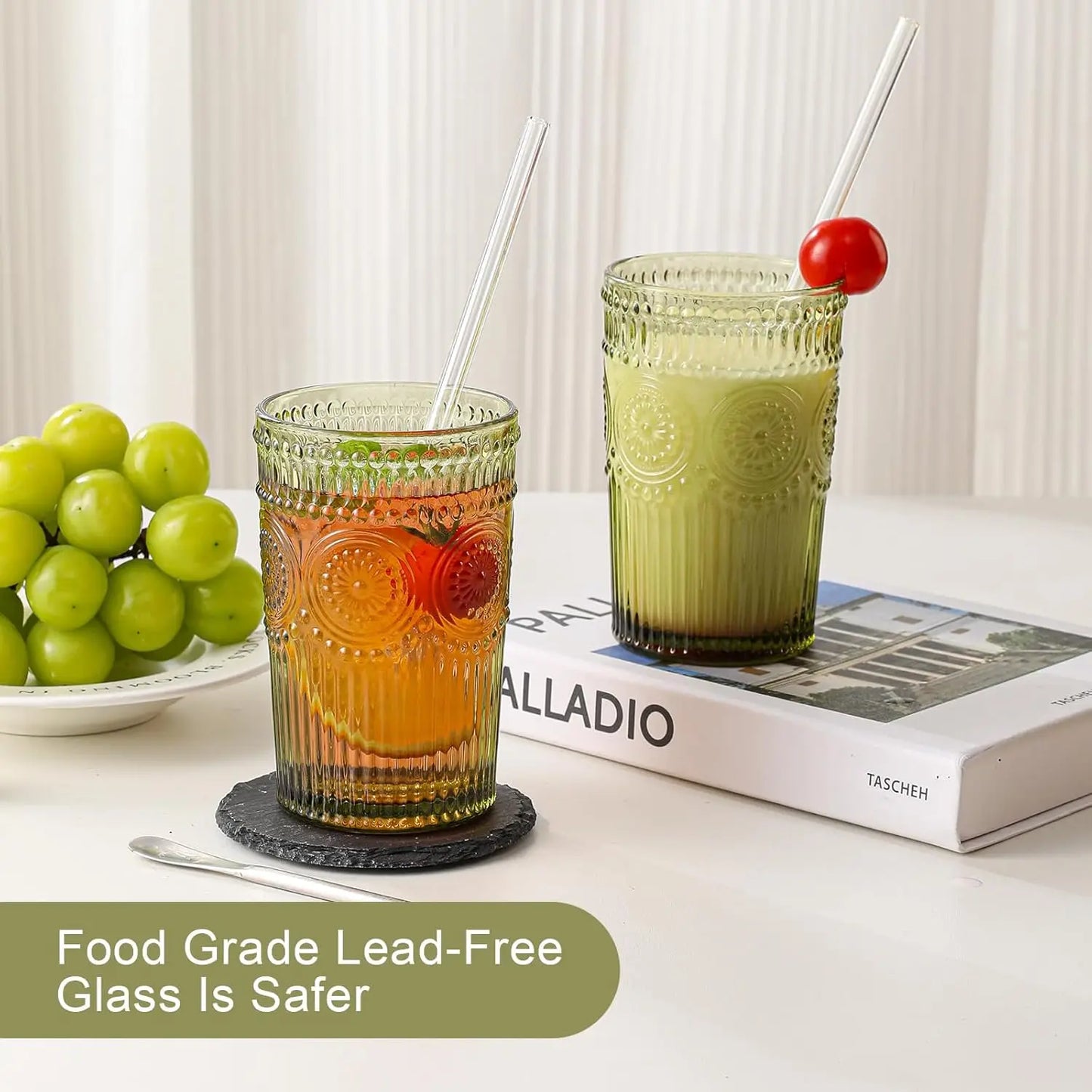Vintage Textured Flower Glass Tumblers Set of 6 for Water and Cocktails