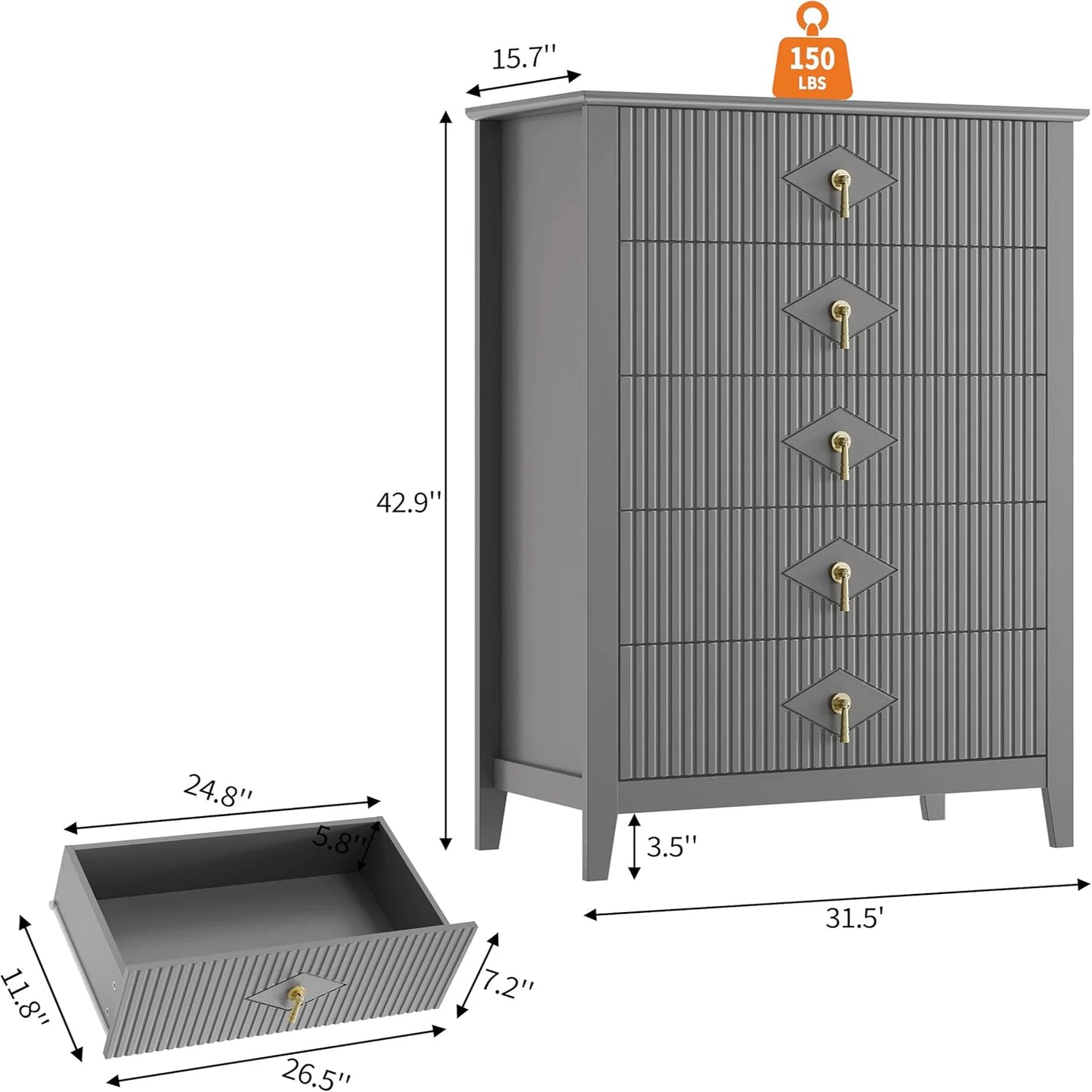 HiMISS Fluted Five Drawer Dresser Modern Wood Chest