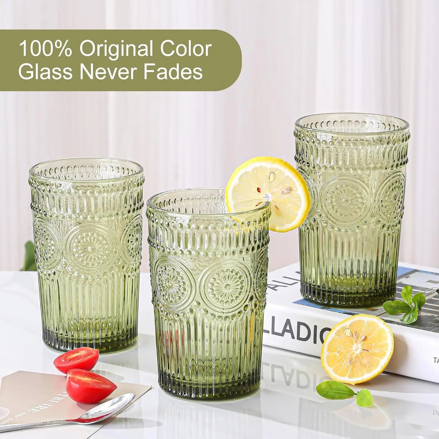 Vintage Textured Flower Glass Tumblers Set of 6 for Water and Cocktails