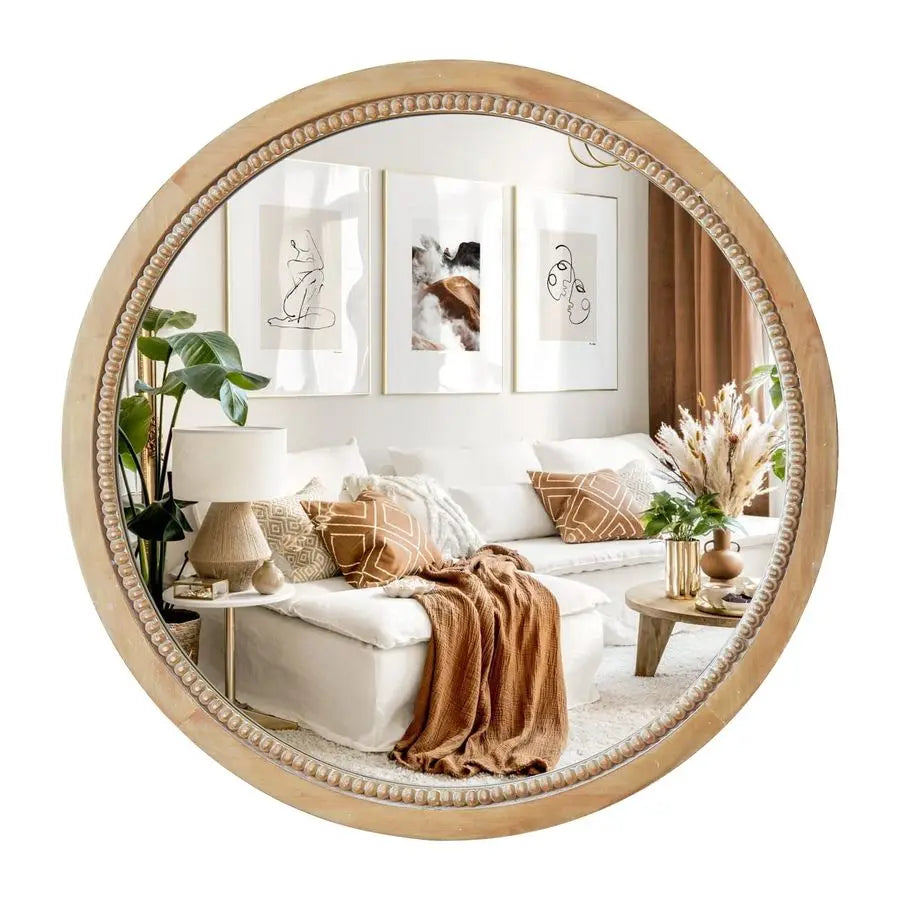 Round Wood Mirror Circle Rustic Farmhouse Natural Wooden Frame Boho