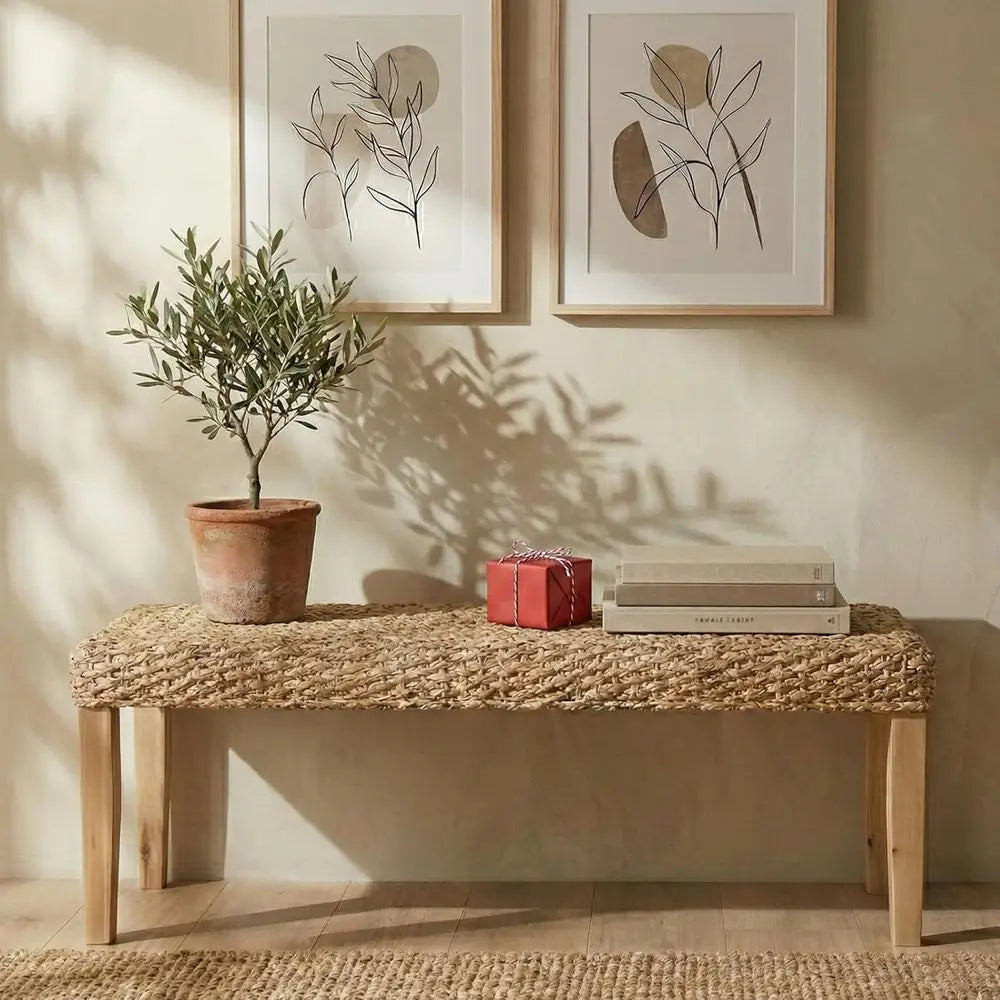 Indoor Wicker Bench With Solid Wood Frame Boho Style