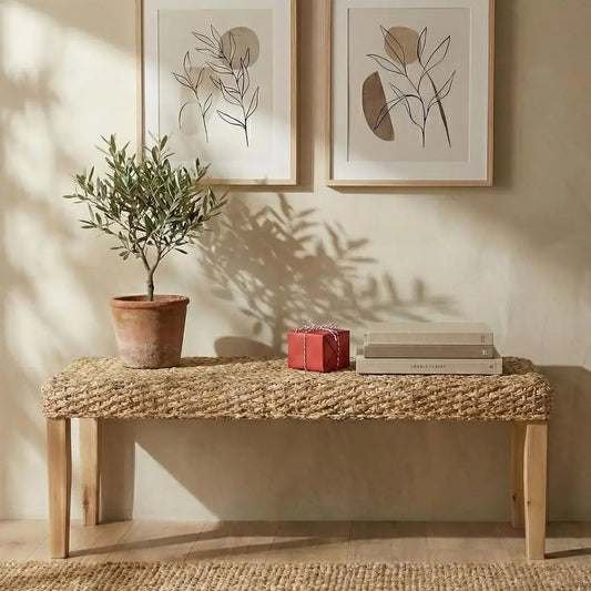 Indoor Wicker Bench With Solid Wood Frame Boho Style