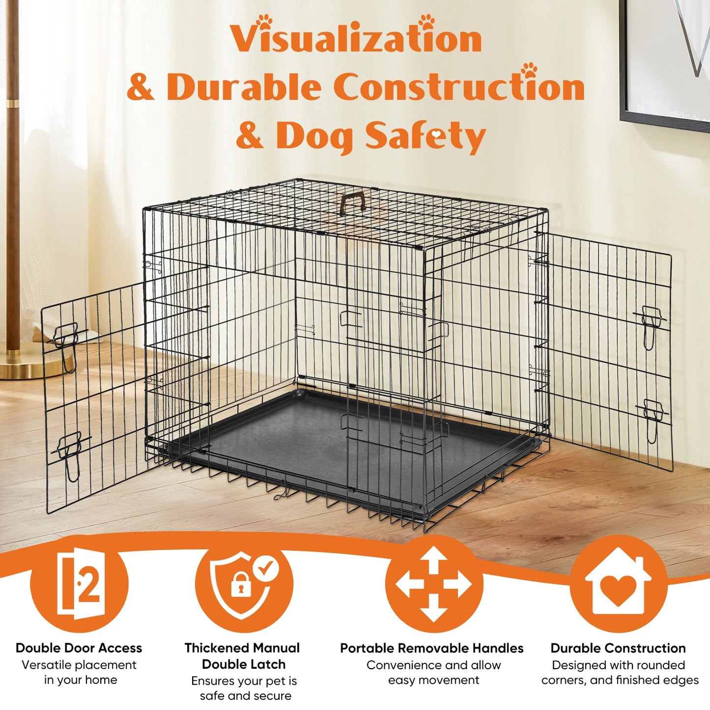 JHK Double Door Folding Metal Wire Dog Cage Pan Tray