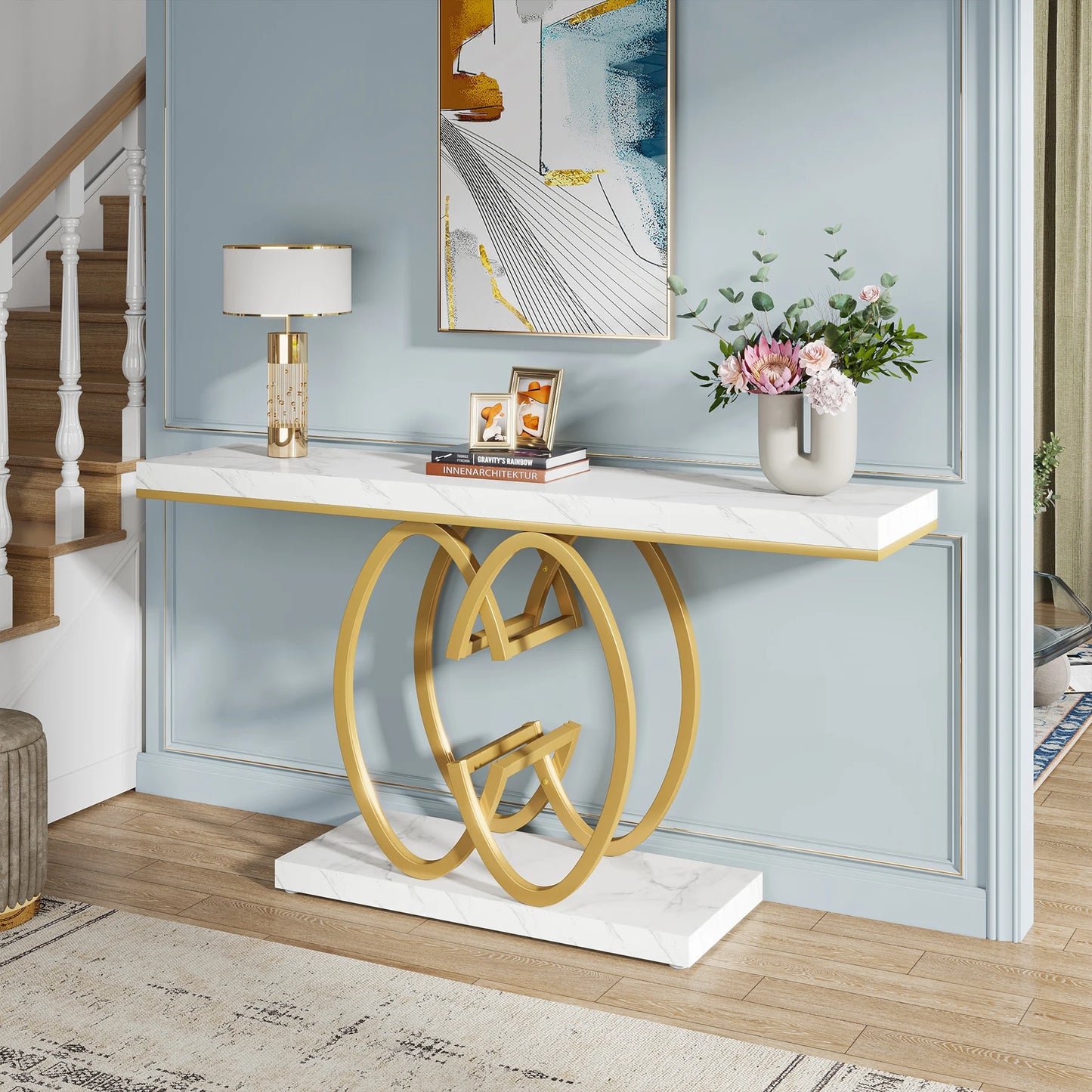 Tribesigns Faux Marble Console Table With Geometric Metal Base