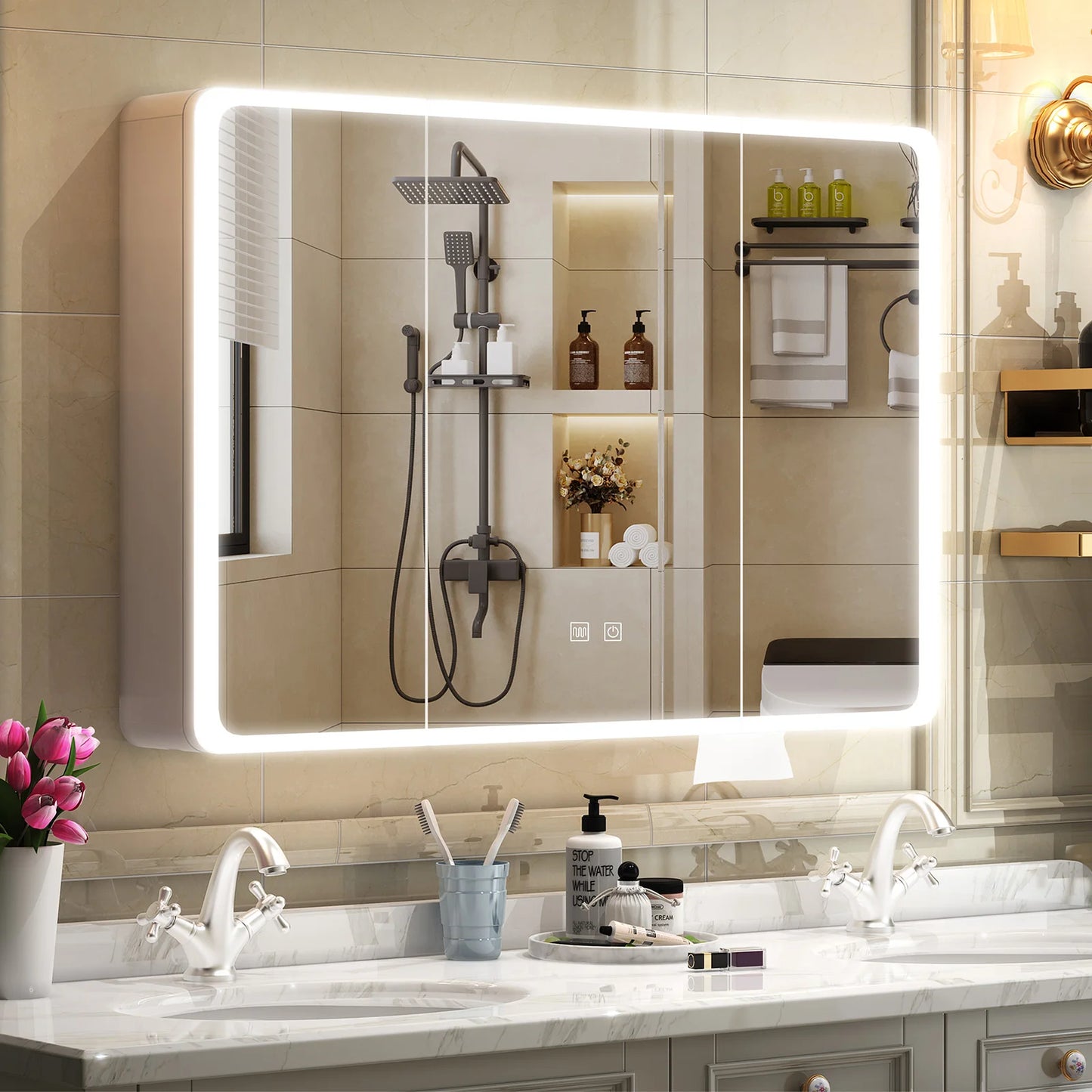 Onesaimei LED Bathroom Medicine Cabinet Mirror 2 Doors
