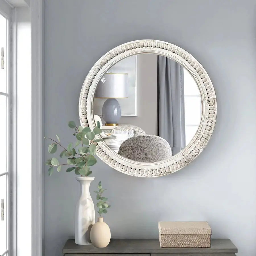 Round Beaded Wood Wall Mirror for Living Room and Entryway
