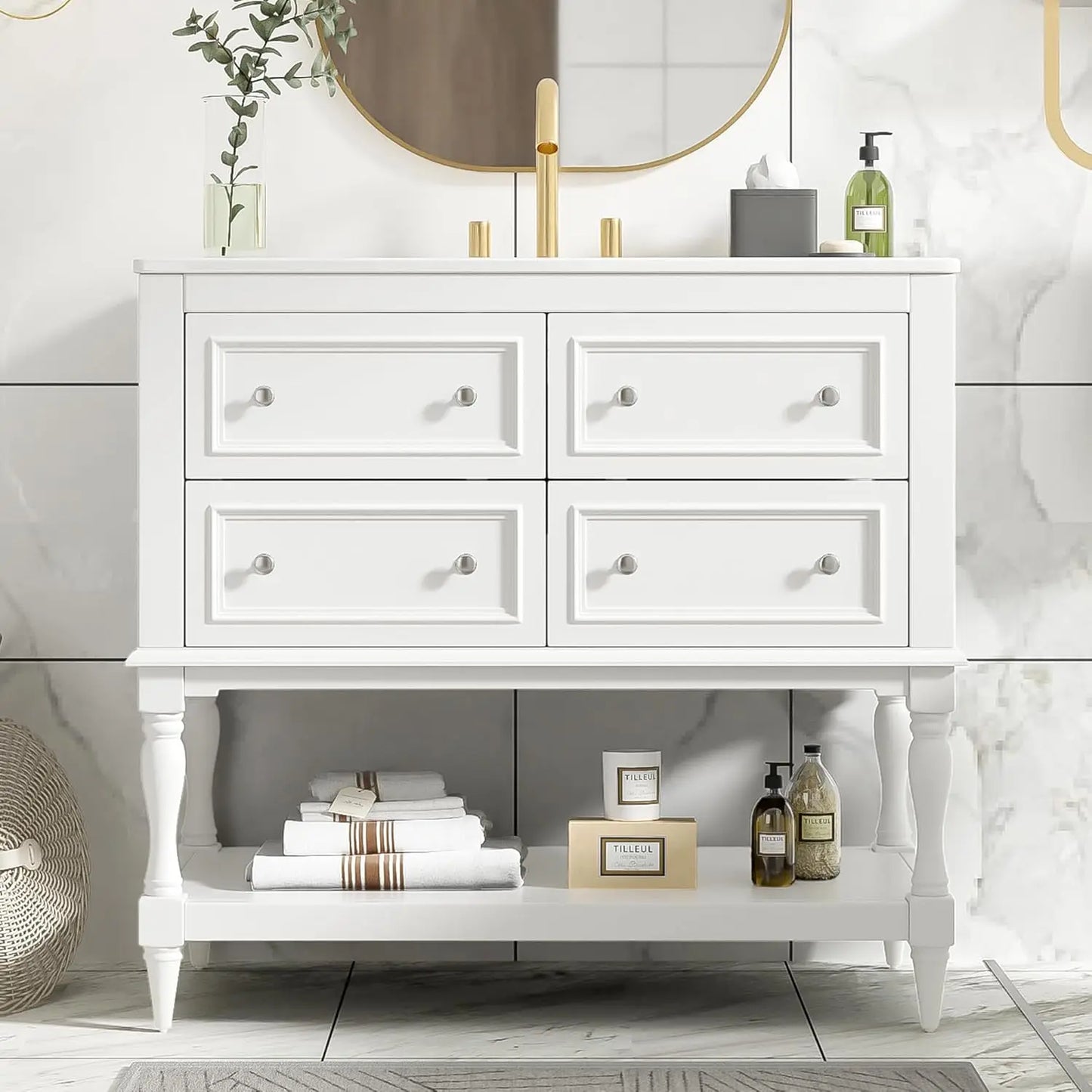 Farmhouse Bathroom Vanity With Sink Four Drawers And Open Shelf