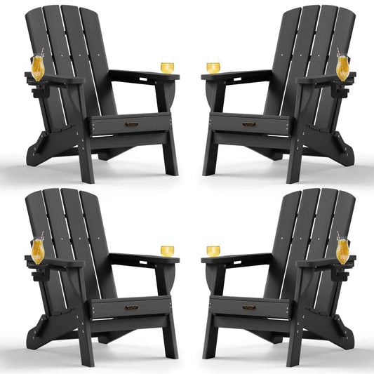 Folding Adirondack Chairs 4 Pack All Weather HDPE With Cupholders