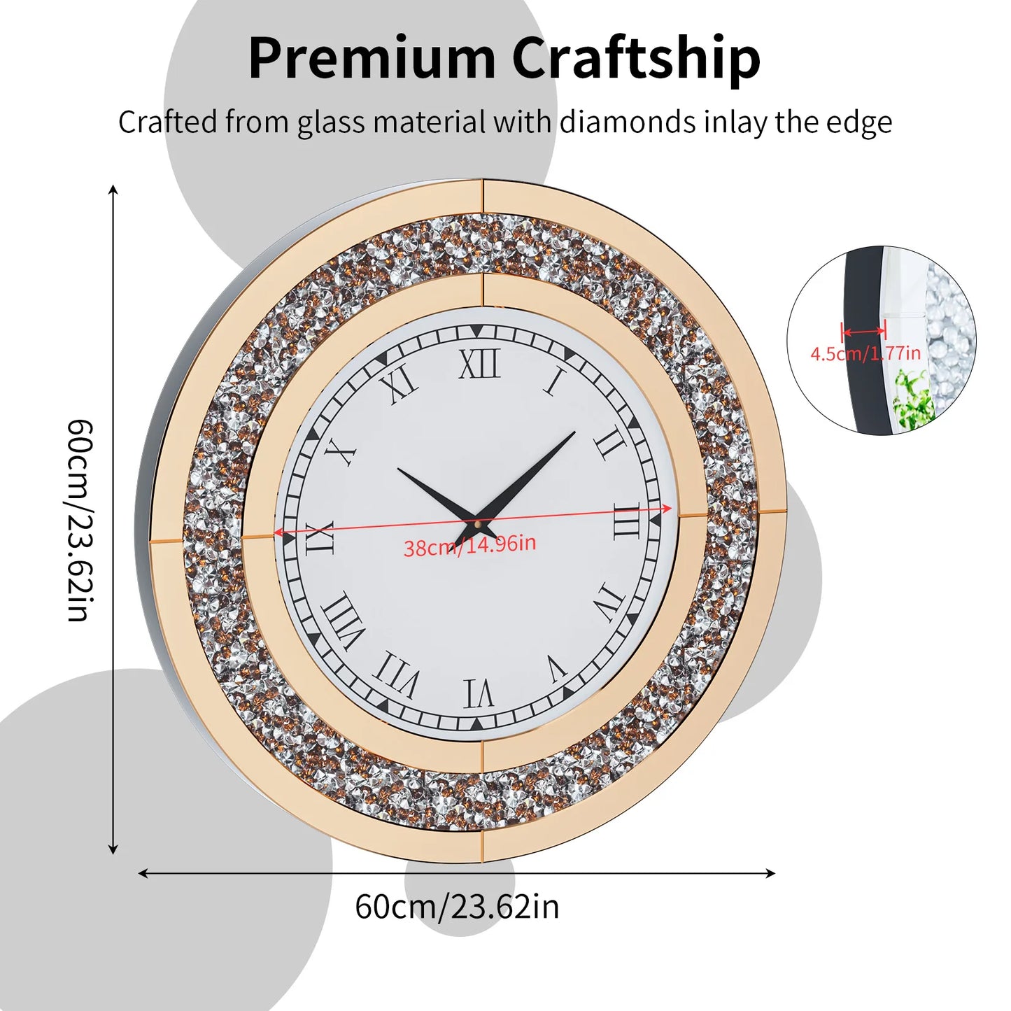 Round Mirror Clock With Crystal Sparkle Mirrored Wall Decoration