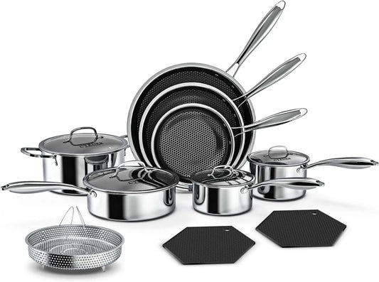Nonstick 14 Piece Hybrid Hex Stainless Steel Cookware Set